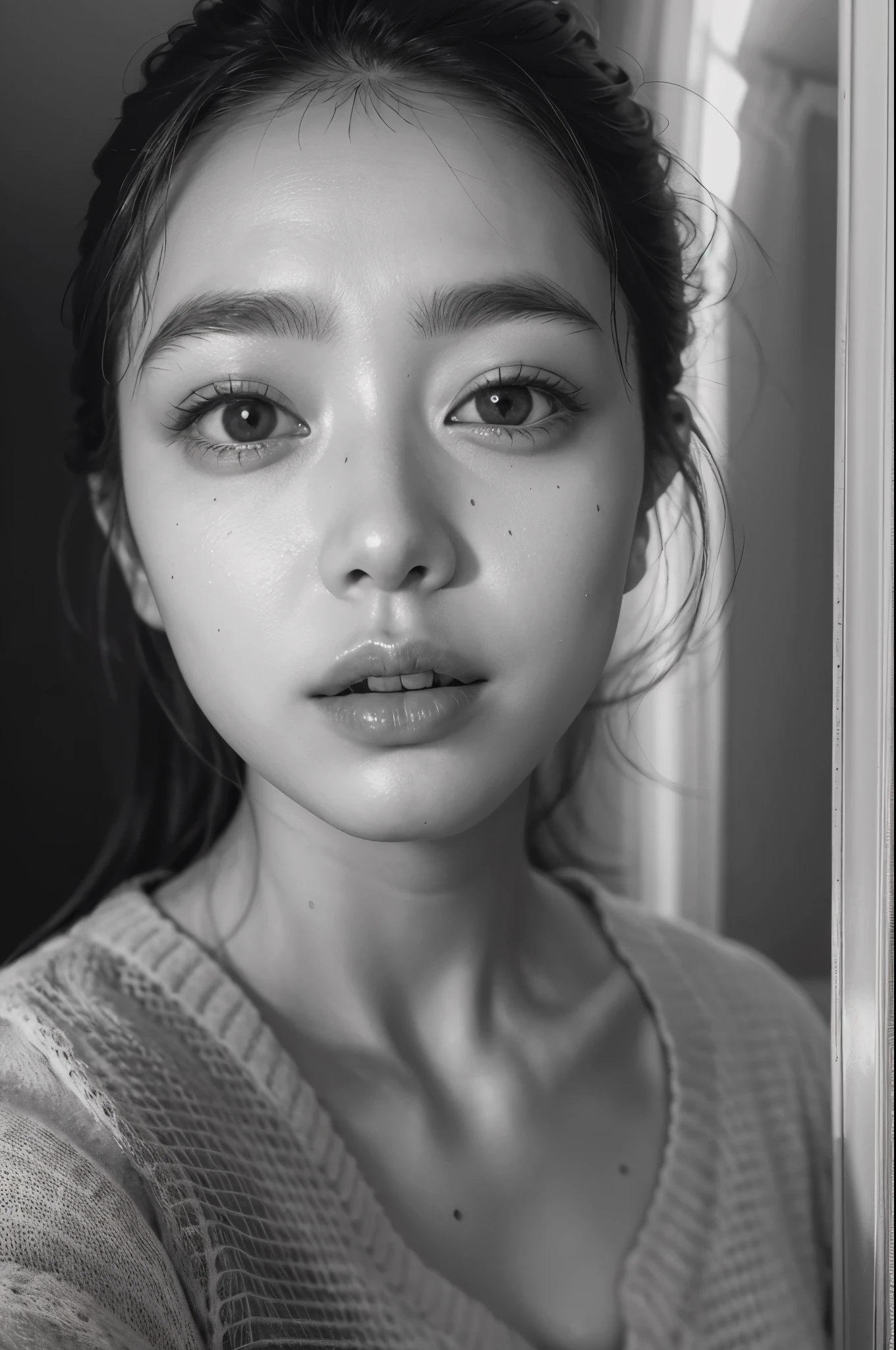 1 chica coreana hermosa ,(obra maestra:1.2), (Mejor calidad:1.2), (Extremadamente detallado), escote, selfie desde el centro del frente, (extremely cara detallada), ojos y pupilas ultra detalladas, hombro ancho, (ultra detallado), 8K, Fotorrealista, cara bonita, sonrisa, foto de instagram, estilo instagram, en el dormitorio, mirando al espectador, mirando al frente, piel perfecta, cinematic lighting, pezones, Piel blanca, PELO NEGRO, cola de caballo alta, ojos negros, foto retrato, (pecho mediano:1.2), Delgado, esbelto, sin maquillaje, Foto RAW de Nikon, 8K ,Fujifilm XT3, Fotorrealista, Axilas, cara detallada, Piel blanca, cuerpo perfecto, Delgado face, adentro, dim lighting, (mirando al espectador:1.2),