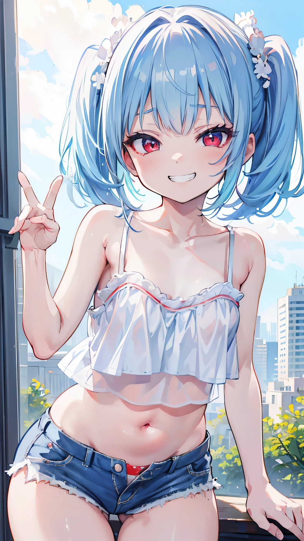 (8K、Highest image quality、highest quality、masterpiece)、detailed face、((one li))、light blue hair、short twintails、red eyes、evil smile、((grin))、small breasts、((white camisole))、belly button、denim short shorts、((bent over))、cowboy shot、city background
