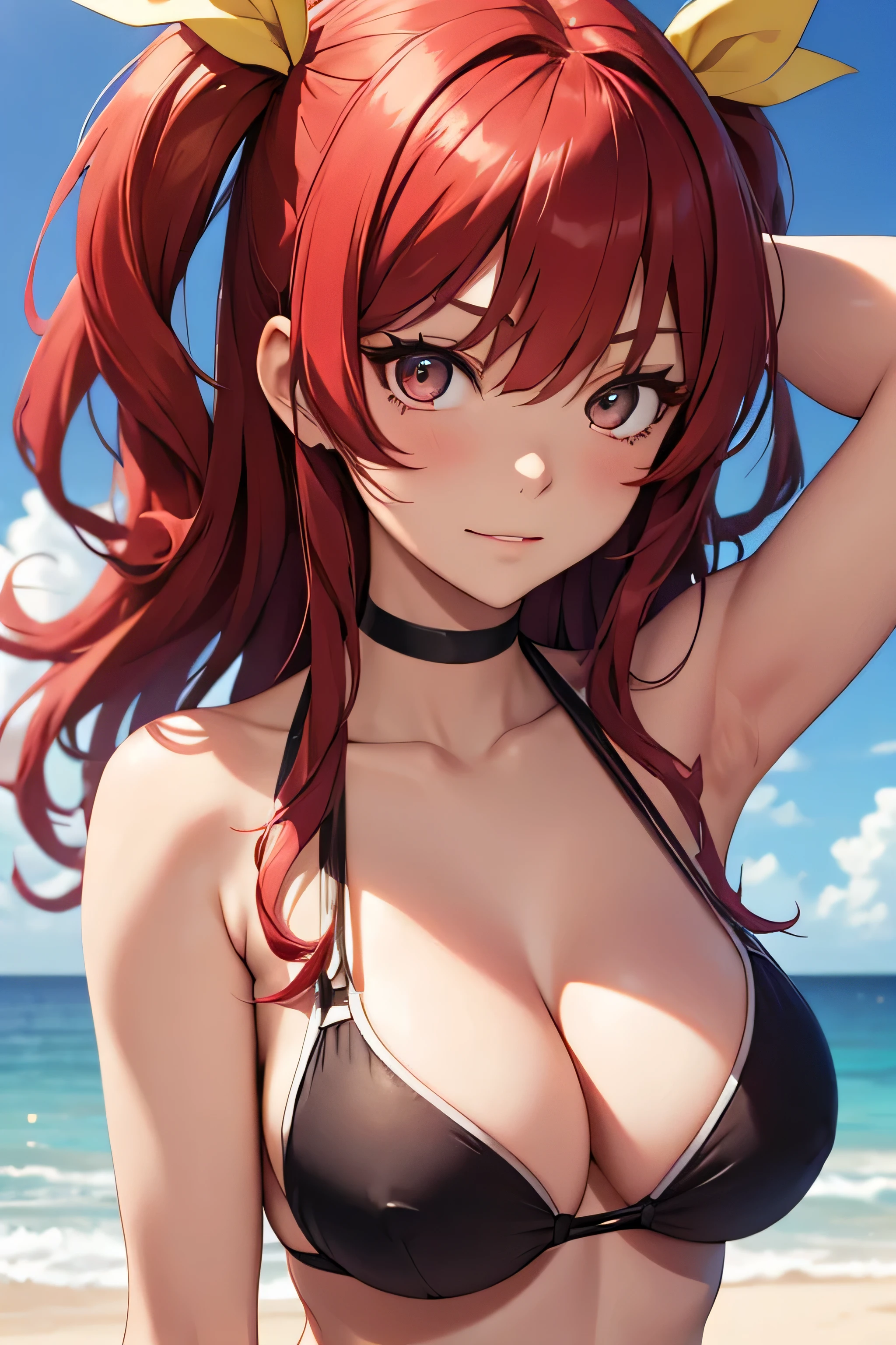 absurdres, high res, ultrasharp, 8K, {masterpiece}, expressive eyes, extremely detailed, best quality, perfect face, Stella Vermillion, 1girl, ruby eyes, long hair, yellow ribbon, crimson hair, hair ribbon, solo, beach, pleased, bikini, arms on waist,