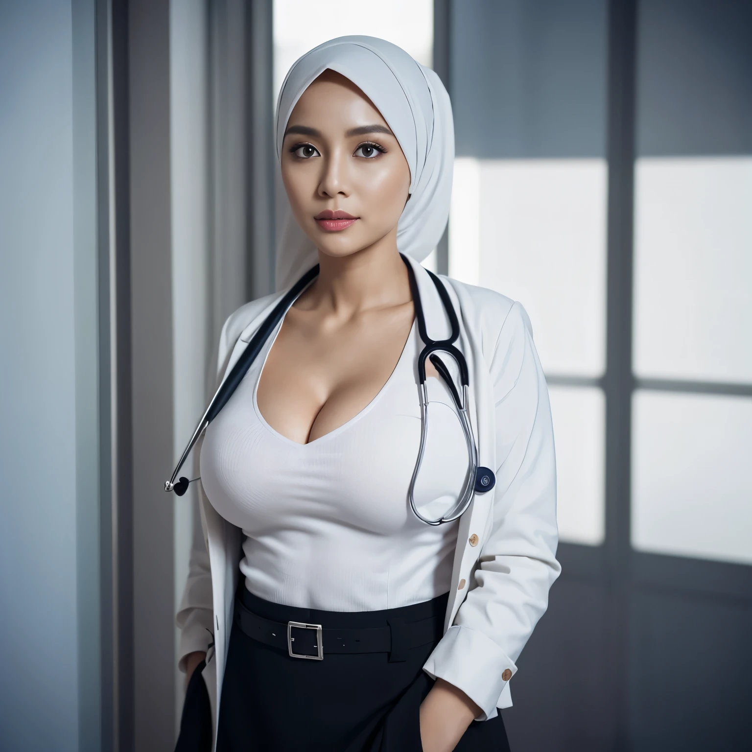 (56 Years Old), (Photorealistic beautiful Hijab Indonesian woman), doctor、stunningly beautiful、doctors white coat, Collared shirt、(top-quality、8K、32K、masterpiece、nffsw:1.3)、超A high resolution,(Photorealsitic:1.4),Raw photography, Detailed face, (Curvy Body), (Beautiful hijab woman), ((Doctor Style)), , Black tight skirt、 Natural makeup,, (large full breast)、inside hospital, Detailed background, Perfect Lighting, depth of fields, Beautiful shadow gradient,stethoscope .