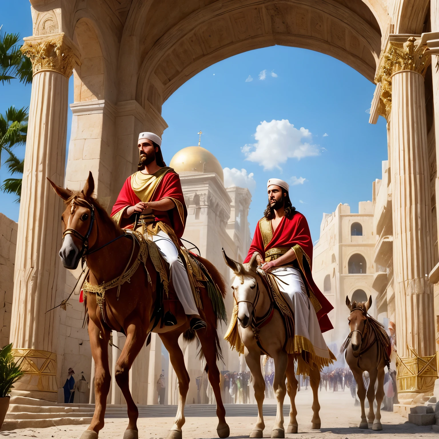 RAW, Best quality, high resolution, masterpiece: 1.3), Beautiful and intricately detailed scene of Jesus Christ's entry into Jerusalem on Palm Sunday (iu:0.8),
Best quality, high resolution, Masterpiece: 1.3, Beautiful recreation of Jesus Christ's triumphal entry into Jerusalem on Palm Sunday,
Masterpiece, Realistic, 1scene, Detailed crowd, Donkey riding Jesus, Palms waving, Ivory-skinned Savior, Grecian architecture, Roman soldiers, Rich fabrics, Fox-colored robes, Humble yet majestic, Biblical essence, Ambient sunlight, Parting palm leaves, Dusty roads, Maj