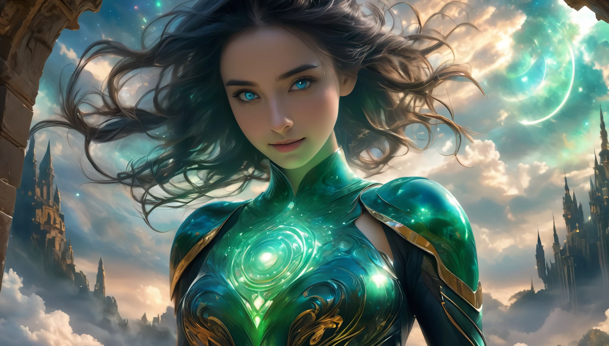 (1 beautiful teenage Italian girl),(wears iridescent bodysuit with beautiful fractal or marble design:1.5),(She wears gauntlets with a detailed and very beautiful design decorated with jewels:1.6), ((She is showing her armpits:1.6)), (erotic pose:1.6), (model pose:1.6), incredibly spectacular scene, ((high quality)), ((fantasy)), blue plasma brain, green plasma body, obscene, average, (despicable:1.2), (immoral:1.2), (Small breasts with beautifully raised pink areolas:1.5), (expression of ecstasy:1.2), hyper realistic photo, official art, Unity 8K Wallpaper, 8K portrait, high quality, very high resolution, (incredibly beautiful nature background:1.6), (18-year-old:1.5), (sexy and glamorous:1.1), (coquettish expression:1.6), (smile seductively:1.6), beautiful seductive face, portrait, (thick eyebrows:1.4), Beautiful eyes with high bilateral symmetry, (highly detailed eyes:1.4),(highly detailed face and eyes:1.7), (High resolution jade eyes:1.6), (Super detailed skin texture:1.4), super detailed pale skin, perfect anatomy, thin, (Beautiful muscular toned body:1.6), highly detailed jet black hair, (moist skin:1.2), no makeup, (Bear:1.1), excellent anatomy, Focus plane, good looking, (Emilia clarke:0.1) (Emma watson:0.3),(Jennifer connelly:0.24), (A delicately crafted necklace is wrapped around her neck), (Bioluminescence with a brilliant glow:1.4), (Shining magic circle:1.5), ruins of an ancient castle, Shining majestic clouds and sky, lightning, spectacular realistic, (Greg latkowski:0.8), (teal and orange:0.4), (art station:1.5), cinematic, (NSFW:1.6), dramatic light, (intricate details:1.1),Milky Way, (nebula:1.6), dark Knight, Focus on fully armored body