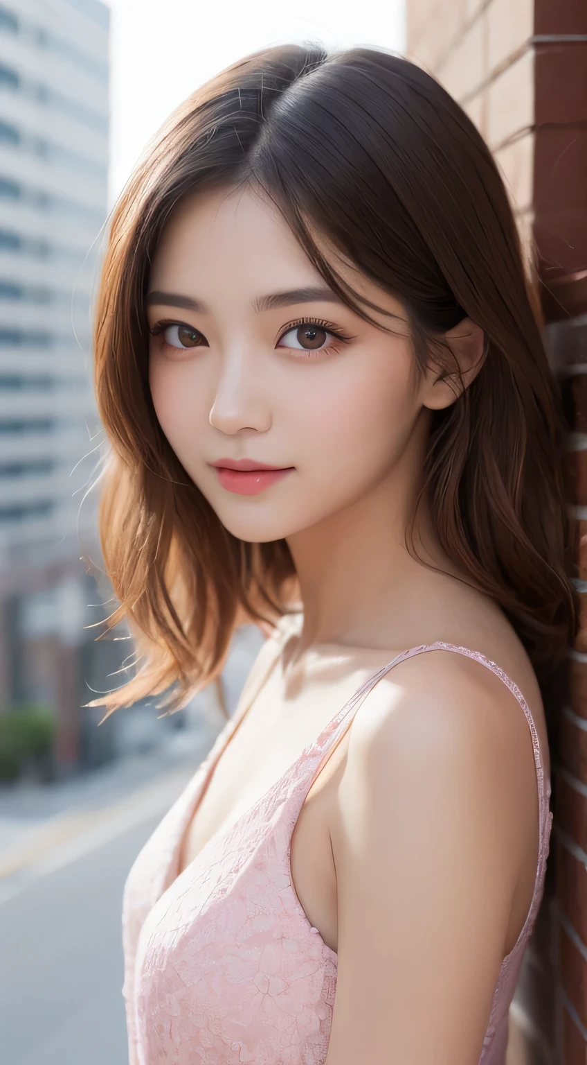 table top, highest quality, shape, Super detailed, finely, High resolution, 8k wallpaper, 完璧なダイナミックな構shape, finelyて美しい目, pink dress,medium hair, natural color lip,gentle smile,big city、20 year old girl、midnight、Beautiful and dense face、perfect and beautiful face、slim face and style,Big eyes、small face、cherry blossoms、wink