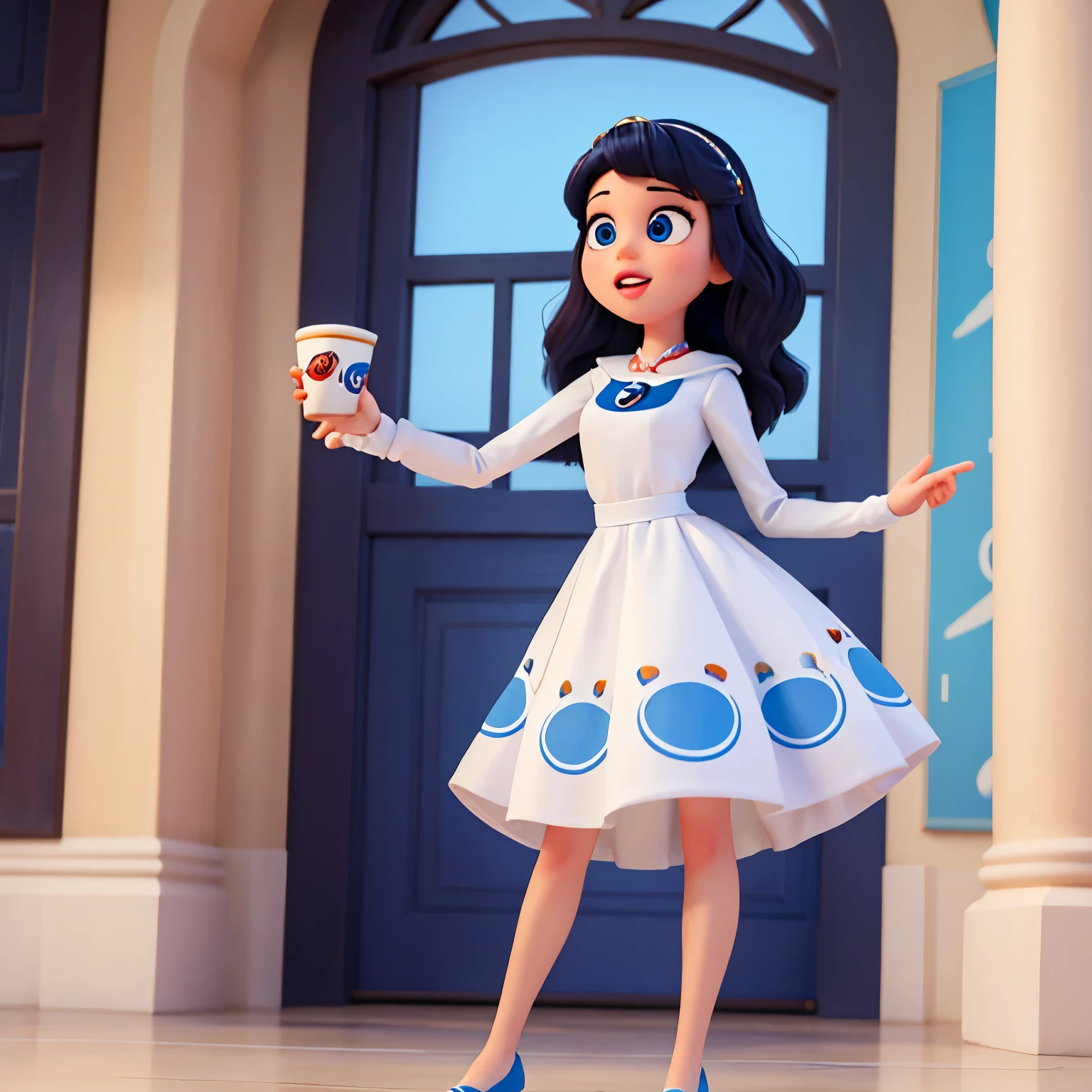personaje Disney Pixar femenino con piel blanca, BY COFFEE, ojos grandes, long eyelashes, labios grandes, ropa azul, enfermera, pinzas en las manos
