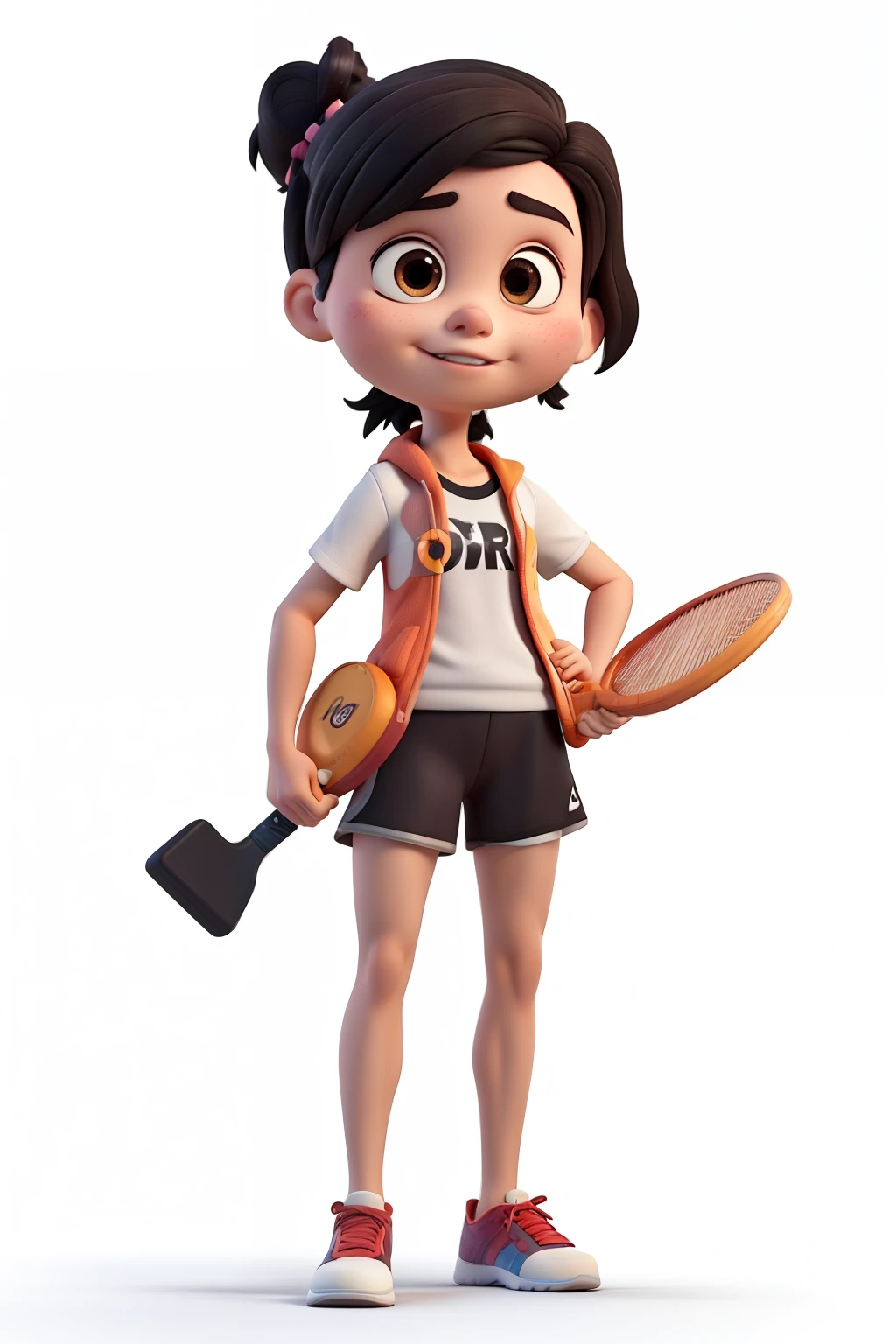 ((Melhor qualidade)),(Disney Pixar style),a beautiful , standing, black hair, dark brown eyes, athlete, pickleball player, wearing sportswear, holding a pickleball paddle racket, bare feet, white background, poster, 3D, animation