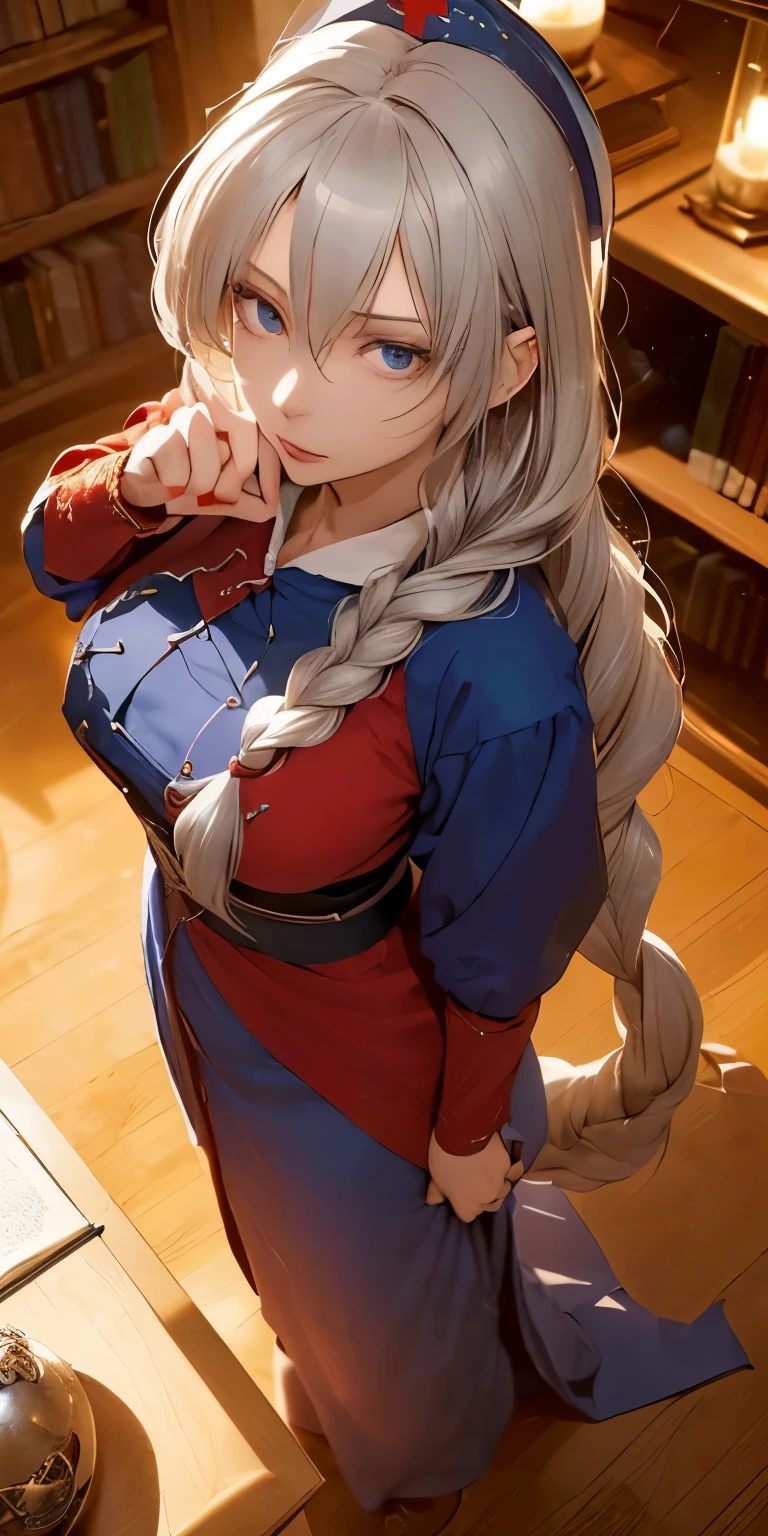 (masterpiece, best quality:1.3), (face focus:1.3), Yagokoro Eirin, Touhou Series, perfect face, expressive eyes, 1woman, looking at viewer, 38 years old, gorgeous body, big breast, beautiful, anime, lora,1woman, silver hair, braid hair, nurse cap, red and blue clothes, long skirt, (evil look, looking down on viewer:1.5), (all fours:1.5), (cinematic lighting, realistic, dream-like, enchanting atmosphere:1.5), (photo of a woman in her dark and mysterious environment:1.3), (the woman surrounded by an aura of mystery and intrigue:1.3), (in the middle of a massive modern library in the style of Tianjin Library:1.3), (candles flickering, casting dancing shadows around the room:1.3), (the dim lighting adding to the ambiance of secrecy and mysticism:1.3), (a crystal ball nearby, adding to the mystical setting:1.3), (symbols of astrology and esoteric knowledge decorating the room:1.3), (a hint of incense in the air, adding to the sensory experience:1.3),