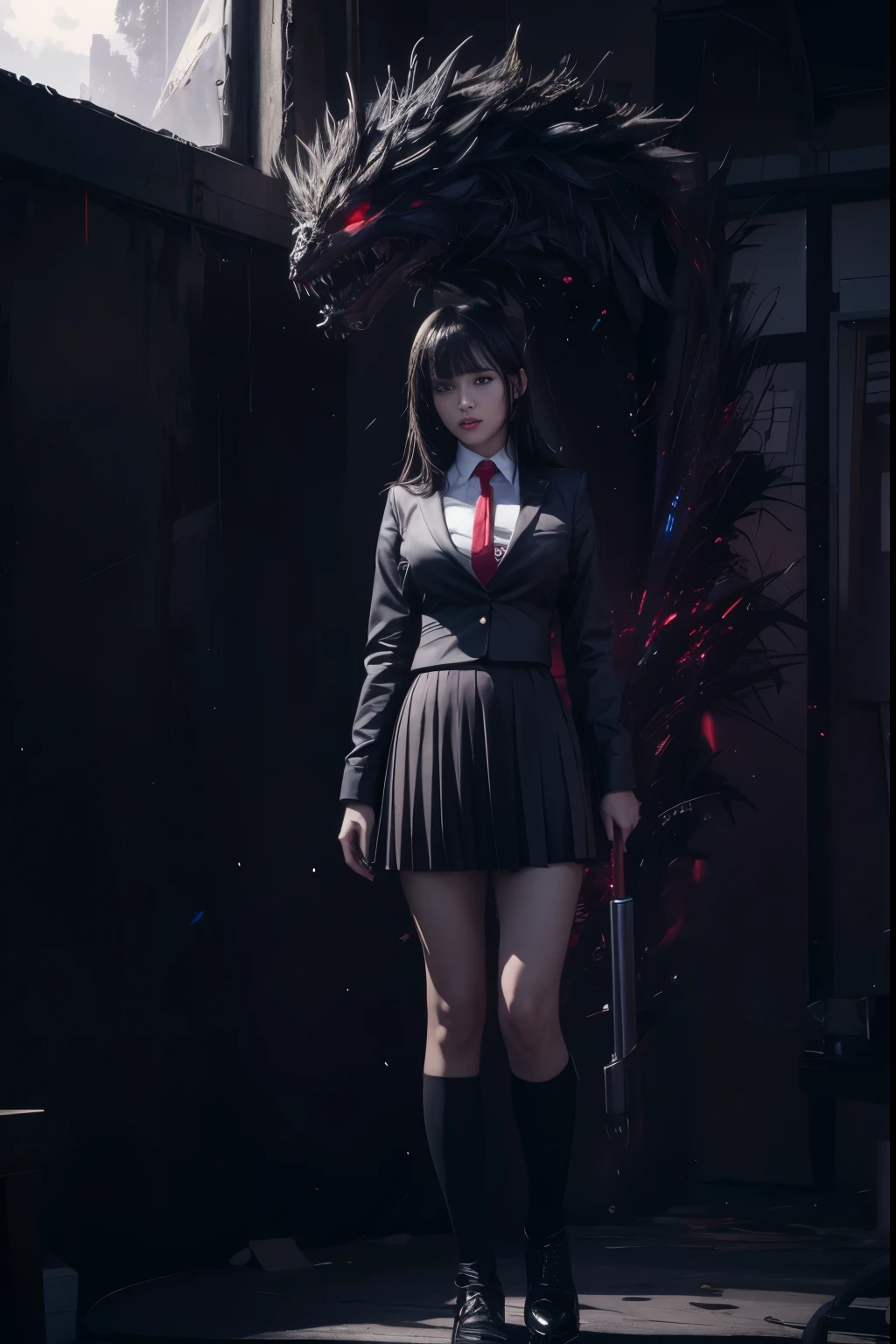 Photorealistic, high resolution, 1womanl, Solo, Hips up,view the viewer, (Detailed face), black hair,red eyes ,uniform black skirt ,detailed face super 4k