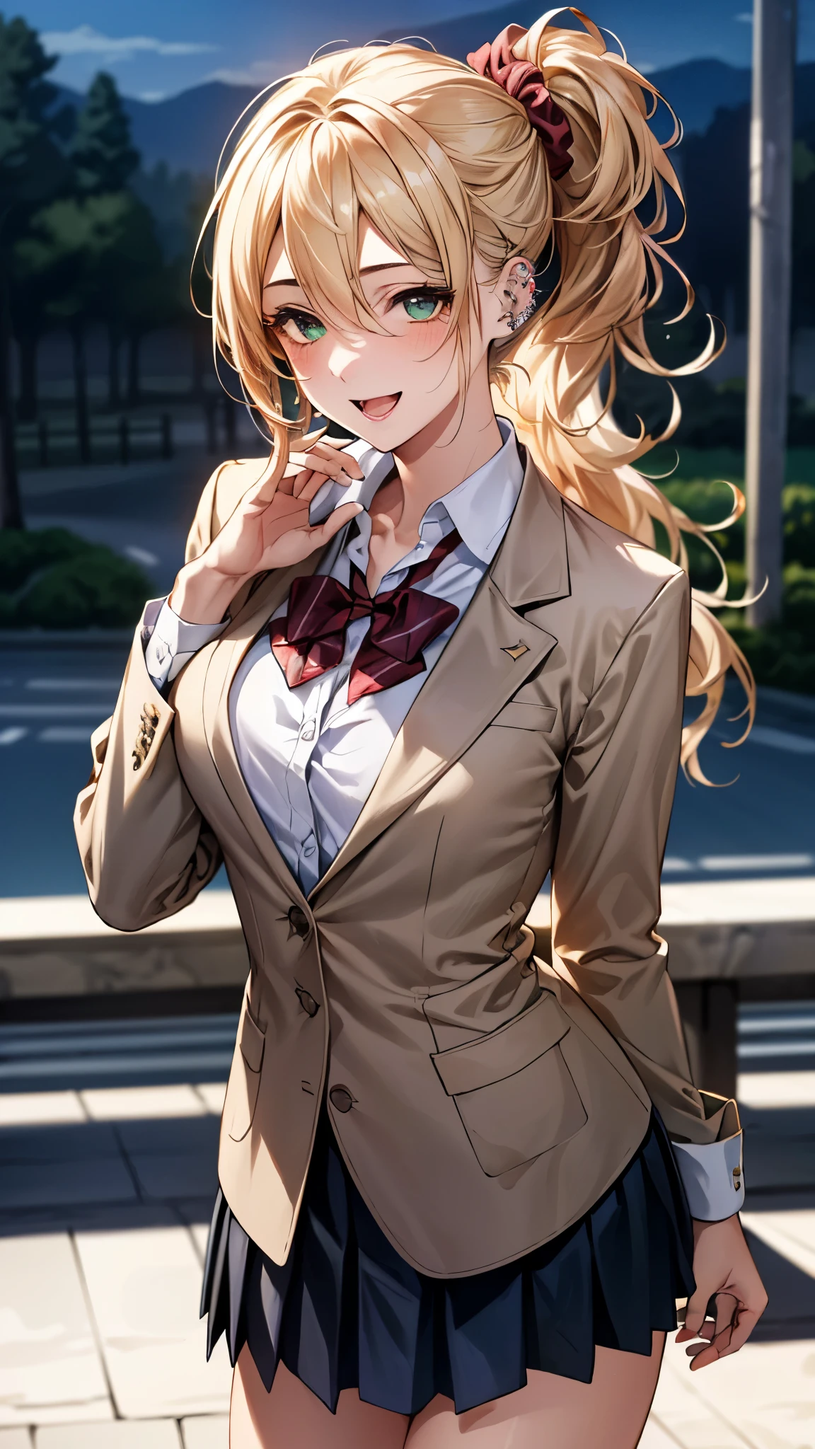 (masterpiece:1.3, top-quality, ultra high res, ultra detailed), (realistic, photorealistic:1.4), beautiful illustration, perfect lighting, colorful, depth of fields,
beautiful detailed hair, beautiful detailed face, beautiful detailed eyes, beautiful clavicle, beautiful body, beautiful chest, beautiful thigh, beautiful legs, beautiful fingers,
looking at viewer, 1 girl, japanese, high school girl, perfect face, (perfect ???????, anatomically correct), cute and symmetrical face, babyface, , shiny skin,
(middle hair:1.5, topknot, loose hair, blonde hair), hair between eyes, dark green eyes, drooping eyes, big eyes, long eye lasher, (medium breasts), slender,
((navy blazer, collared white shirt, navt pleated skirt)), dark red bow tie, piercing, hair scrunchie,
(beautiful scenery), evening, (park), standing, hands between legs, (lovely smile, upper eyes, open mouth),
