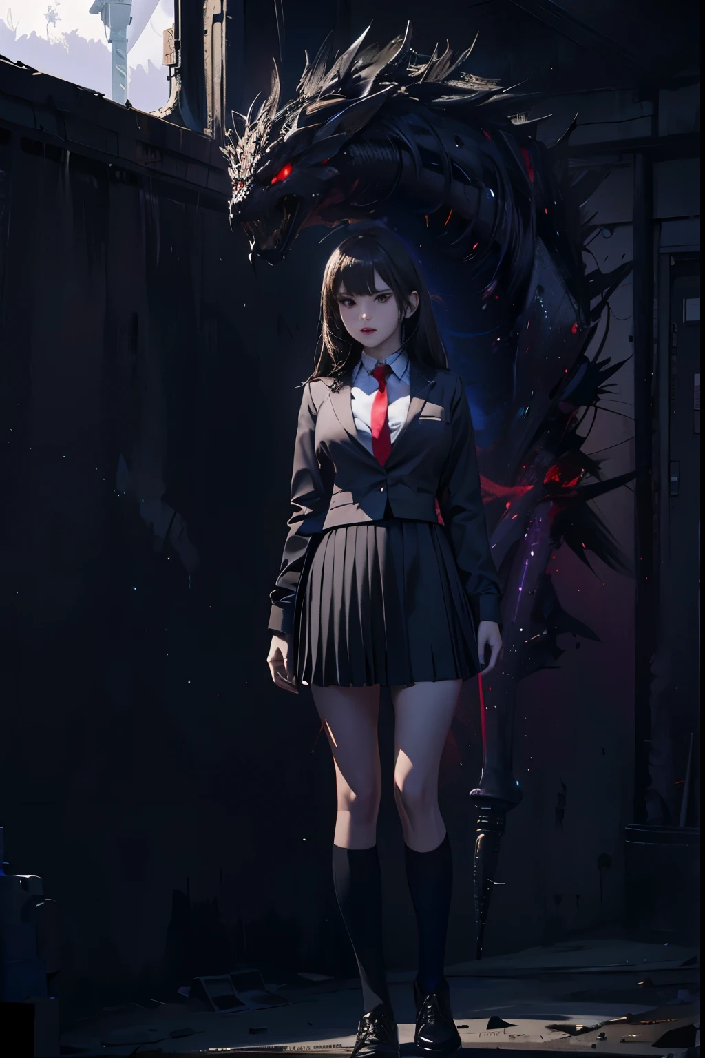 Photorealistic, high resolution, 1womanl, Solo, Hips up,view the viewer, (Detailed face), boack hair,red eyes ,uniform black skirt ,detailed face super 4k