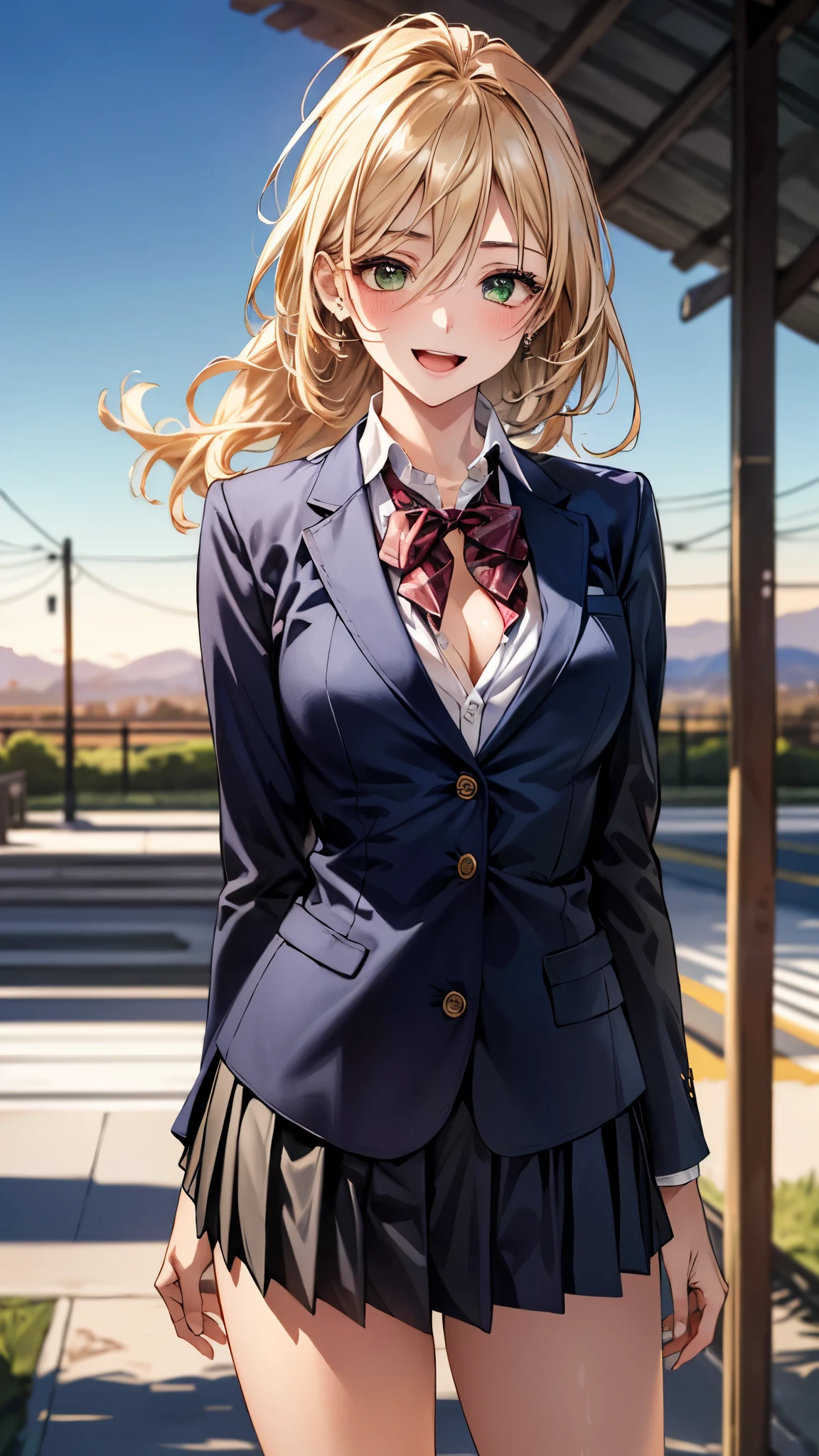 (masterpiece:1.3, top-quality, ultra high res, ultra detailed), (realistic, photorealistic:1.4), beautiful illustration, perfect lighting, colorful, depth of fields,
beautiful detailed hair, beautiful detailed face, beautiful detailed eyes, beautiful clavicle, beautiful body, beautiful chest, beautiful thigh, beautiful legs, beautiful fingers,
looking at viewer, 1 girl, japanese, high school girl, perfect face, (perfect anatomy, anatomically correct), cute and symmetrical face, face, , shiny skin,
(middle hair:1.5, topknot, loose hair, blonde hair), hair between eyes, dark green eyes, drooping eyes, big eyes, long eye lasher, (medium breasts), slender,
((navy blazer, collared white shirt, navt pleated skirt)), dark red bow tie, piercing, hair scrunchie,
(beautiful scenery), evening, (park), standing, hands between legs, (lovely smile, upper eyes, open mouth),