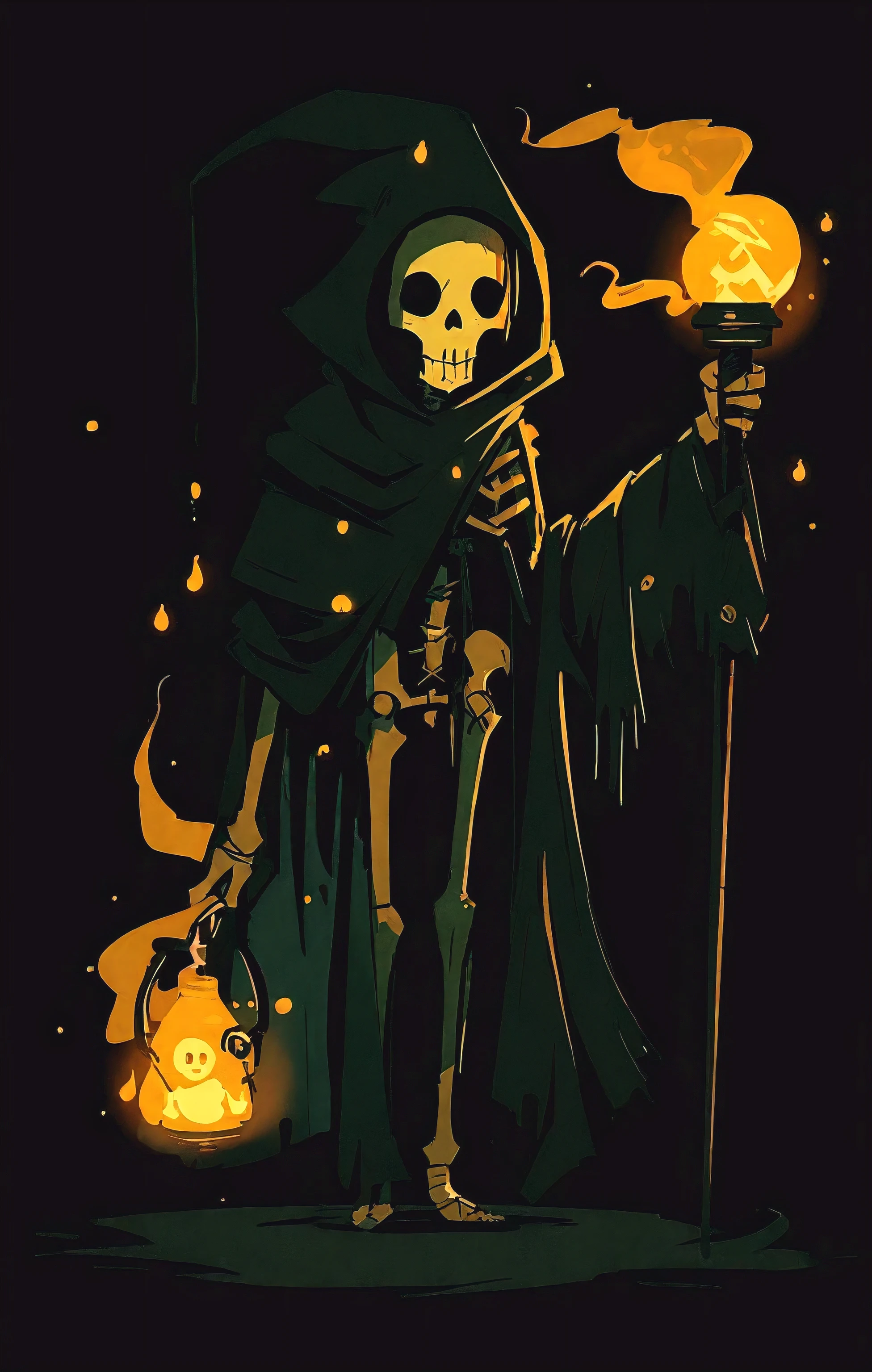 Create a terrifying drawing of a witch wizard. This mage is a being of darkness, his face is skeletal, with sunken eyes and no pupil, just a burning flame. Its skin is stretched like parchment and covered in mysterious runes that seem to move. On his head he wears a wide-brimmed hat, the shadows of which hide his face, and dripping from it dripping with melted wax, as if the hat were a lighted candle. His torn black cloak seems to be made of living shadows that stretch into infinity. The mage holds a twisted staff with a human skull at the end, and a dark, slimy substance oozes from the skull. Surrounding him is a circle of candles that burn in green flames and give off a sulfurous smell. The background is dark and filled with sinister shadows.