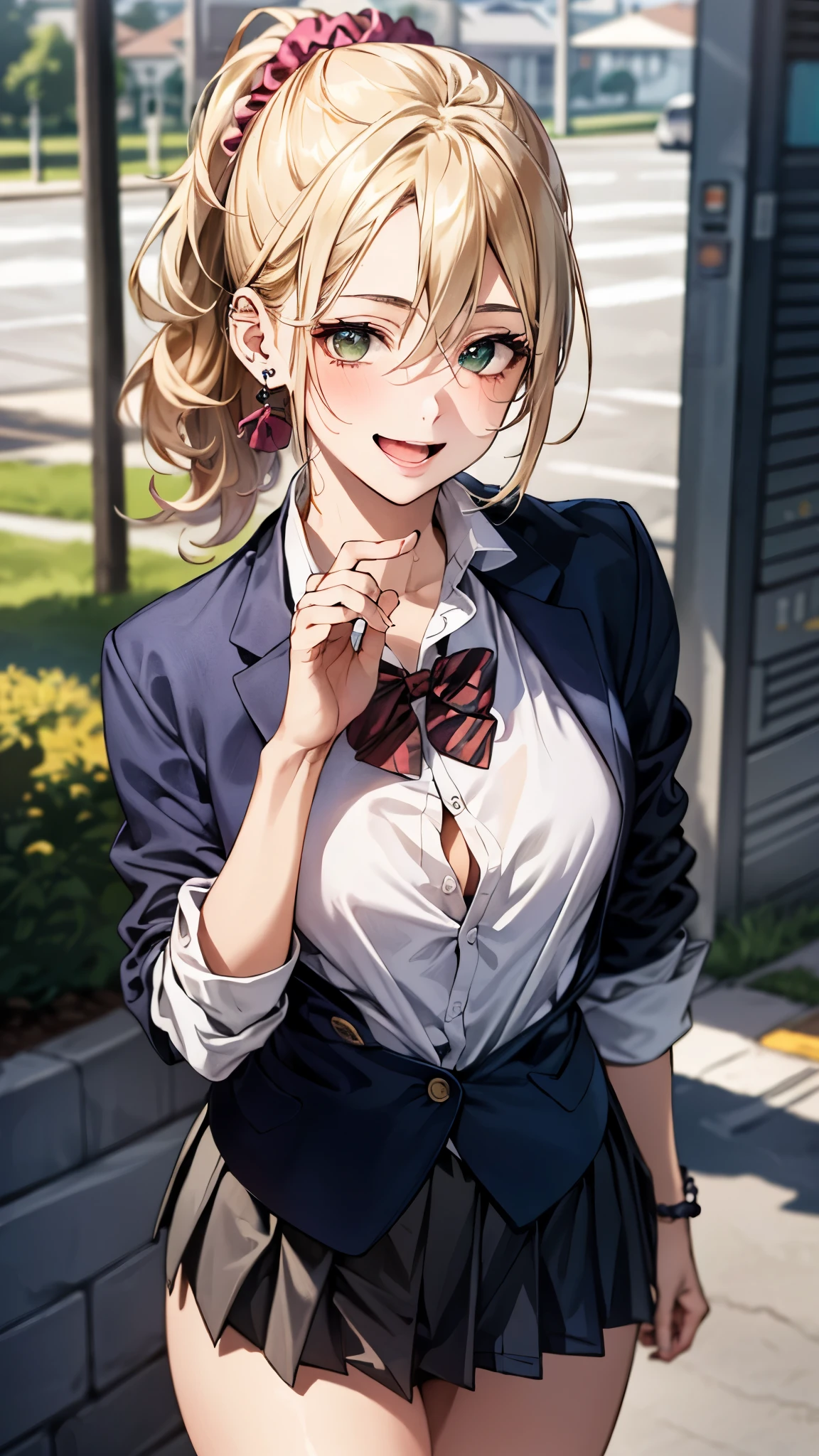 (masterpiece:1.3, top-quality, ultra high res, ultra detailed), (realistic, photorealistic:1.4), beautiful illustration, perfect lighting, colorful, depth of fields, 
beautiful detailed hair, beautiful detailed face, beautiful detailed eyes, beautiful clavicle, beautiful body, beautiful chest, beautiful thigh, beautiful legs, beautiful fingers, 
looking at viewer, 1 girl, japanese, high school girl, perfect face, (perfect anatomy, anatomically correct), cute and symmetrical face, babyface, , shiny skin, 
(middle hair:1.5, topknot, loose hair, blonde hair), hair between eyes, dark green eyes, drooping eyes, big eyes, long eye lasher, (medium breasts), slender, 
((navy blazer, collared white shirt, navt pleated skirt)), dark red bow tie, piercing, hair scrunchie, 
(beautiful scenery), evening, (park), standing, hands between legs, (lovely smile, upper eyes, open mouth), 