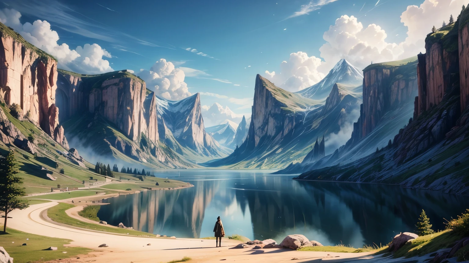 A beautiful scene in the game where the characters stand and look at the beautiful scenery.