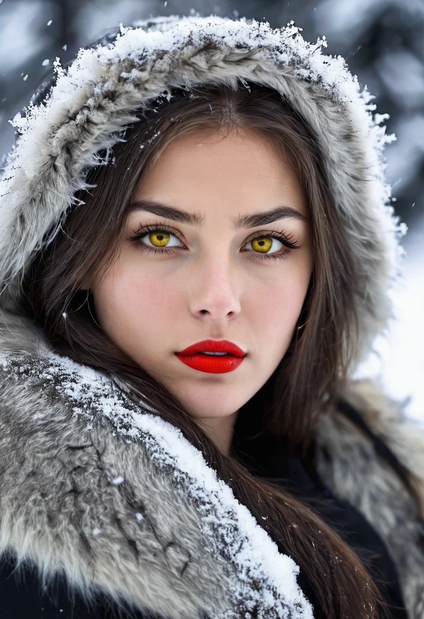 a beautiful Russian girl, wolf eyes, yellow eyes, seductive eyes, expressive eyes, black and white image, background snow mountains, trees, red lips,