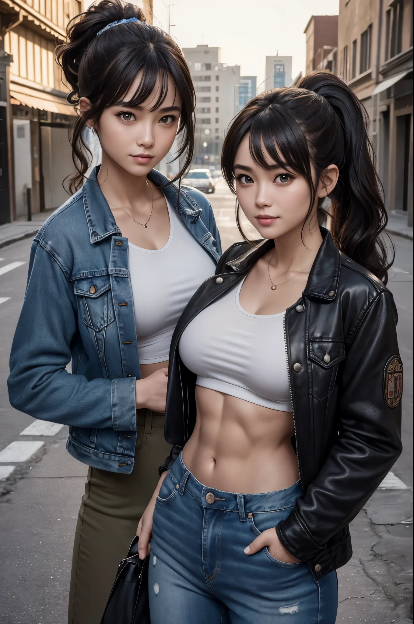 8K,Commemorative photo of twin sisters,super beautiful(like the real thing),My sister is cool, short, and has very big breasts..,lean muscular body,sexy,clear eyes,black eye,cool smile,black long perm,black jeans,compensate,super realistic skin,my sister is tall and muscular、 ., muscular slim body,severely cracked abs,Big eyes,black eye,light brown hair ponytail,派手なcompensate,blue jeans,A bold smile,masterpiece,Photorealistic RAW photos of the highest quality。bright colors,rich colors, Backlight, cinematic lighting, film grain, to be born, 50MM lens, Nikon D850,detailed character art,fantasy art,ultra high resolution,super realistic skin,perfect hand shape,In front of an abandoned temple,beautiful expression,close,beautiful sisters(like the real thing),compensate,ダイナミックなsexyポーズ,1 My sister is wearing a denim jacket.,Violent and strongly cracked abdominal muscles,Punk up the muscles of the whole body,My tall sister has very small breasts.,1 My short sister is wearing a black jacket.,my sister&#39;s breasts are very big,