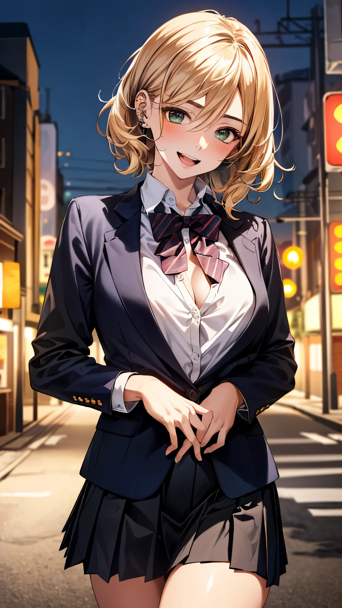 (masterpiece:1.3, top-quality, ultra high res, ultra detailed), (realistic, photorealistic:1.4), beautiful illustration, perfect lighting, colorful, depth of fields,
beautiful detailed hair, beautiful detailed face, beautiful detailed eyes, beautiful clavicle, beautiful body, beautiful chest, beautiful thigh, beautiful legs, beautiful fingers,
looking at viewer, 1 girl, japanese, high school girl, perfect face, (perfect anatomy, anatomically correct), cute and symmetrical face, face, , shiny skin,
(middle hair:1.5, topknot, loose hair, blonde hair), hair between eyes, dark green eyes, drooping eyes, big eyes, long eye lasher, (medium breasts), slender,
((navy blazer, collared white shirt, navt pleated skirt)), dark red bow tie, piercing, hair scrunchie,
(beautiful scenery), evening, (park), standing, hands between legs, (lovely smile, upper eyes, open mouth),