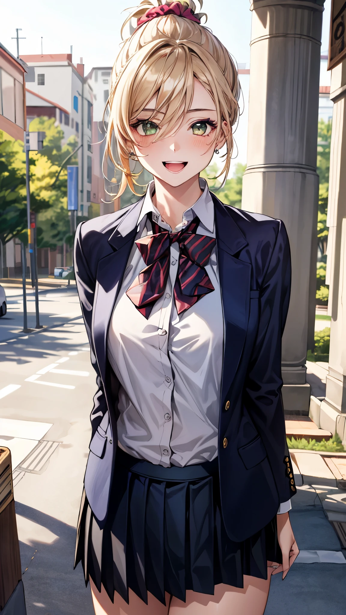 (masterpiece:1.3, top-quality, ultra high res, ultra detailed), (realistic, photorealistic:1.4), beautiful illustration, perfect lighting, colorful, depth of fields,
beautiful detailed hair, beautiful detailed face, beautiful detailed eyes, beautiful clavicle, beautiful body, beautiful chest, beautiful thigh, beautiful legs, beautiful fingers,
looking at viewer, 1 girl, japanese, high school girl, perfect face, (perfect anatomy, anatomically correct), cute and symmetrical face, babyface, , shiny skin,
(middle hair:1.5, topknot, loose hair, blonde hair), hair between eyes, dark green eyes, drooping eyes, big eyes, long eye lasher, (medium breasts), slender,
((navy blazer, collared white shirt, navt pleated skirt)), dark red bow tie, piercing, hair scrunchie,
(beautiful scenery), evening, (park), standing, hands between legs, (lovely smile, upper eyes, open mouth),