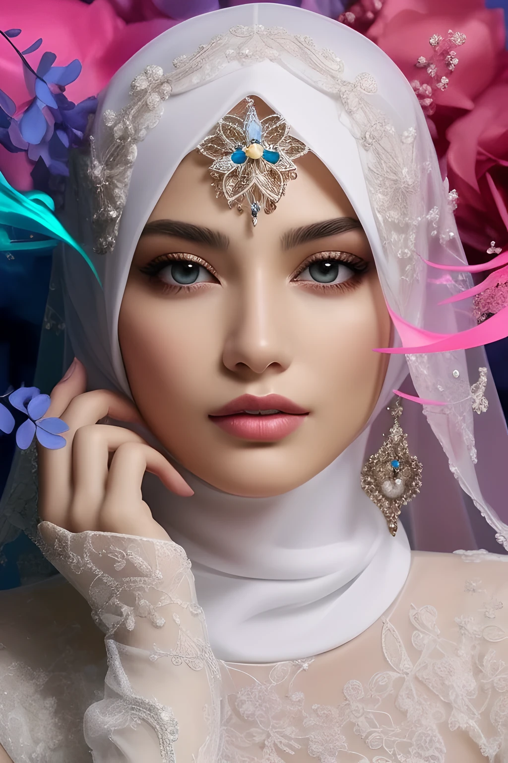 a close up of a woman wearing a white veil and a veiled headpiece, arabian beauty, beautiful oriental woman, beautiful gorgeous digital art, stunning beautiful, very beautiful photo, beautiful digital art, beautiful digital artwork, beautiful aesthetic face, oriental face, beautiful arab woman, very beautiful digital art, gorgeous digital art, very beautiful portrait, stunning digital art, gorgeous woman