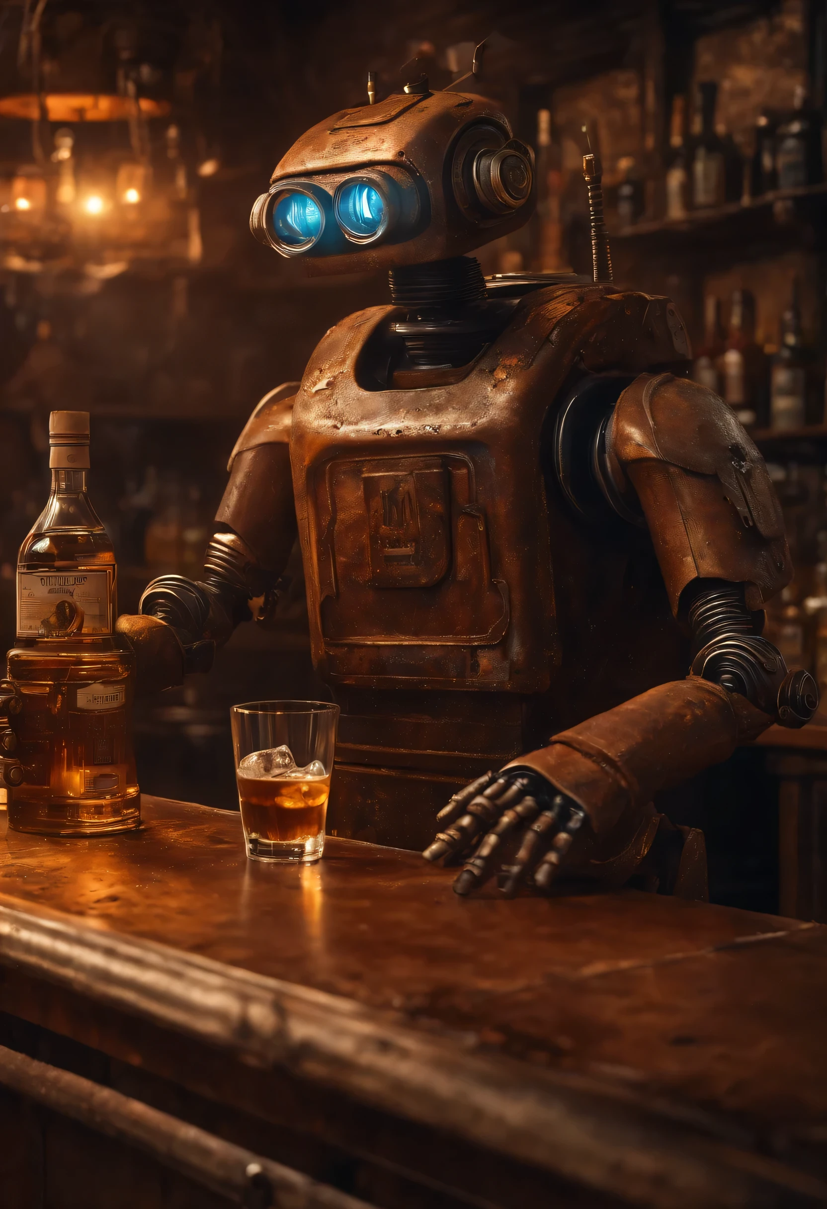 Depicted ((rusty robot drinking whiskey in a post-apocalyptic bar)), bustling indoor