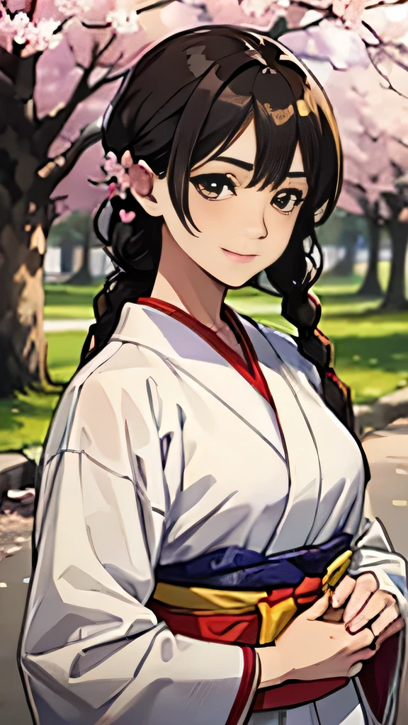 (8k, anime, Melhor qualidade) , "Portray Yuri Sakazaki wearing a traditional Japanese kimono. She has braided brown hair and is standing with her hands holding the sleeves of her kimono.. Seu rosto exibe um sorriso gentil e seus olhos brilham. She is under the cherry trees during Hanami , celebrando a beleza da primavera."
