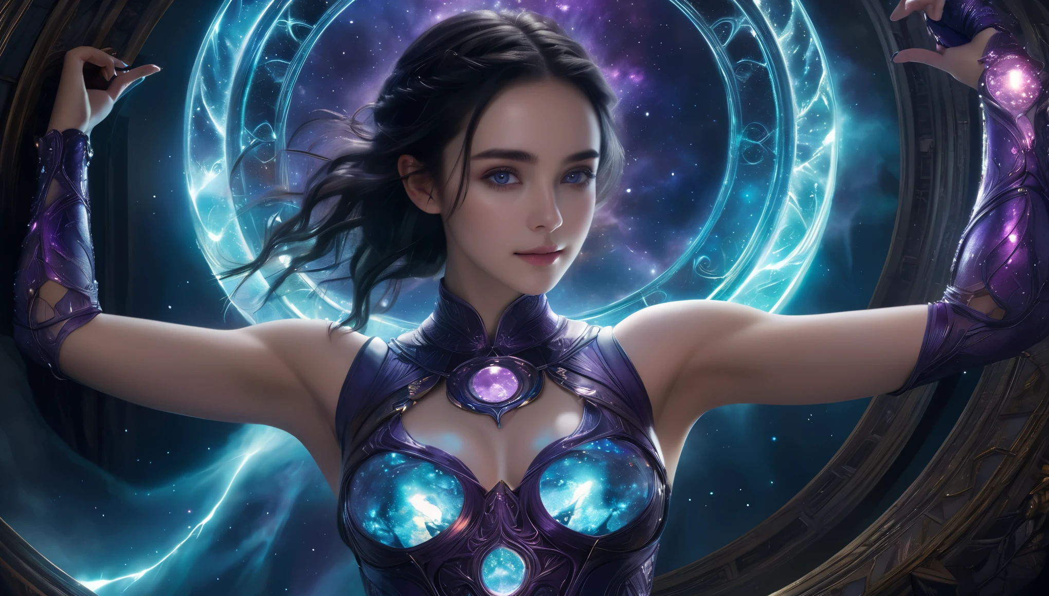 (1 beautiful age Italian girl),(wears iridescent bodysuit with beautiful fractal or marble design:1.5),(She wears gauntlets with a detailed and very beautiful design decorated with jewels:1.6), ((She is showing her armpits:1.6)), (erotic pose:1.6), (model pose:1.6), incredibly spectacular scene, ((high quality)), ((fantasy)), blue plasma brain, green plasma body, obscene, average, (despicable:1.2), (immoral:1.2), (Small breasts with beautifully raised pink areolas:1.5), (expression of ecstasy:1.2), hyper realistic photo, official art, Unity 8K Wallpaper, 8K portrait, high quality, very high resolution, (incredibly beautiful nature background:1.6), (18-year-old:1.5), (sexy and glamorous:1.1), (coquettish expression:1.6), (smile seductively:1.6), beautiful seductive face, portrait, (thick eyebrows:1.4), Beautiful eyes with high bilateral symmetry, (highly detailed eyes:1.4),(highly detailed face and eyes:1.7), (High resolution Amethyst eyes:1.6), (Super detailed skin texture:1.4), super detailed pale skin, perfect anatomy, thin, (Beautiful muscular toned body:1.6), highly detailed jet black hair, (moist skin:1.2), no makeup, (Bear:1.1), excellent anatomy, Focus plane, good looking, (Emilia clarke:0.1) (Emma watson:0.3),(Jennifer connelly:0.24), (A delicately crafted necklace is wrapped around her neck), (Bioluminescence with a brilliant glow:1.4), (Shining magic circle:1.5), ruins of an ancient castle, Shining majestic clouds and sky, lightning, spectacular realistic, (Greg latkowski:0.8), (teal and orange:0.4), (art station:1.5), cinematic, (NSFW:1.6), dramatic light, (intricate details:1.1),Milky Way, (nebula:1.6), dark Knight, Focus on fully armored body
