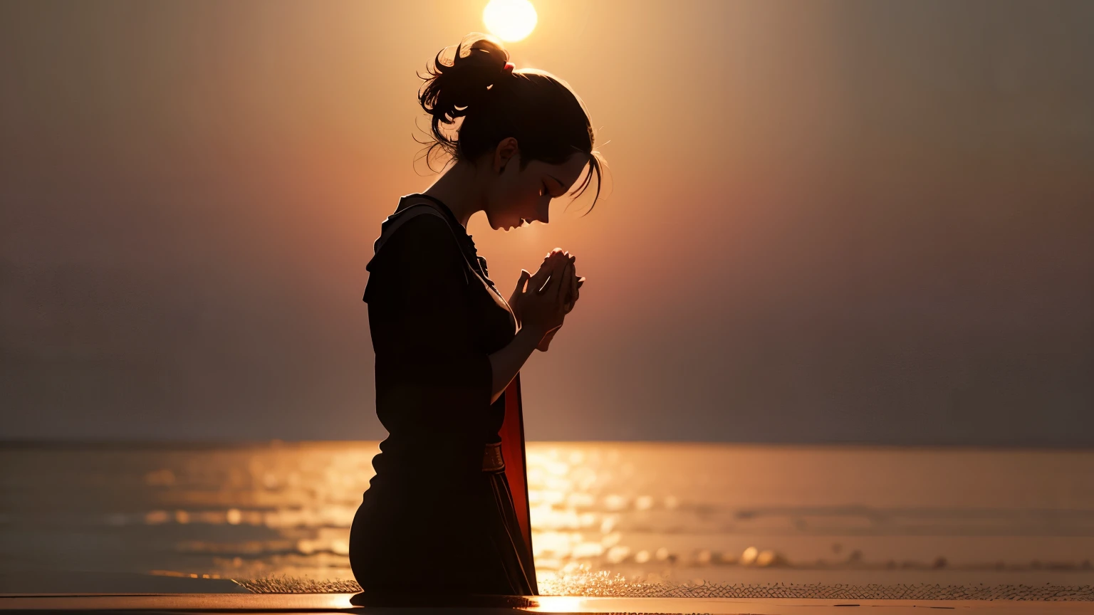 Image of a silhouette of a woman praying at sunset, sun setting and woman praying ((Depth of field)