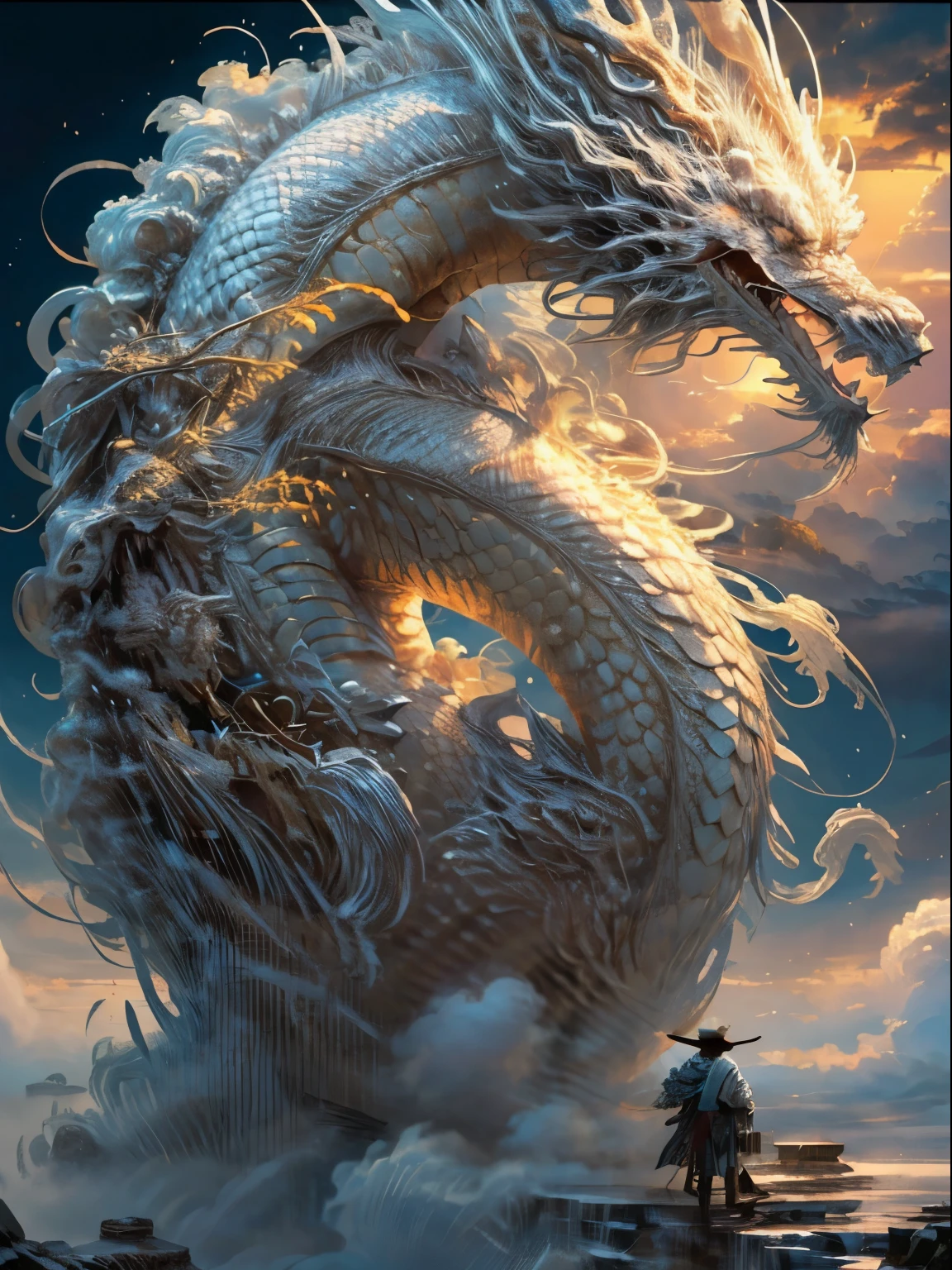 (raw photograph, top-quality), (Realism, Realism: 1.3), NVIDIA RTX ray tracing, Octane Rendering, high-res, Extremely Delicate and Beautiful, highest, finely detailed, master-piece, ultra-detail, Tall, (best illustration), (Best shades), Convoluted, no beard, Delicate facial features,Enter the clouds, White Dragon, immortal, In front of a giant white Chinese rong., (Ron: 1.4), clouds, severe, mountain, Solar Sunset, crisp focus, Perfect Composite, fantasy, Convoluted, majestic, ighly Details, volumetric fog, 8k UHD, Digital SLR, High Quality, (grain of film: 1.4), FujifilmXT3 Film, art station, Smooth, sharp focus, detailed, awarded photograph, BLN-L24, high sharpness, Weight loss in the cinema.