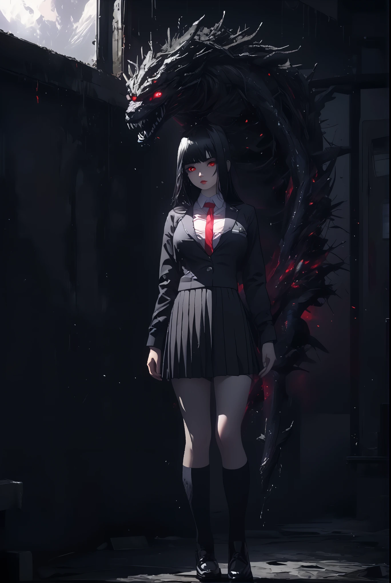 Solo girl uniform,black haired,red eyes,detailed face ,super detailed 4k