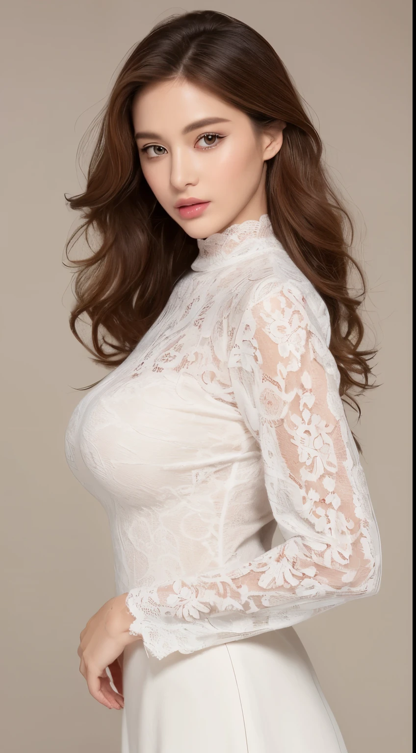 ((top quality、8K、​Masterpiece:1.3))Ultra high quality、Genuine Leather、marble background、Full body depiction 1.3、1 girl、Charming beautiful woman:1.3、(light brown long curly hair、big breasts:1.2)、sexy facial expression、big eyes、Long sleeves pink lace turtleneck shirt:1.1、Super detailed face、Super detailed eyes、Super fine skin、Super detailed hands、Ultra-fine fingertips for the face、Super details、Super delicate beautiful hair、Super fine fabric、put your hand on your mouth、Japanese beauty、White lace skirt、perforation、Beautiful and long legs、High heel、stand like a model、walk