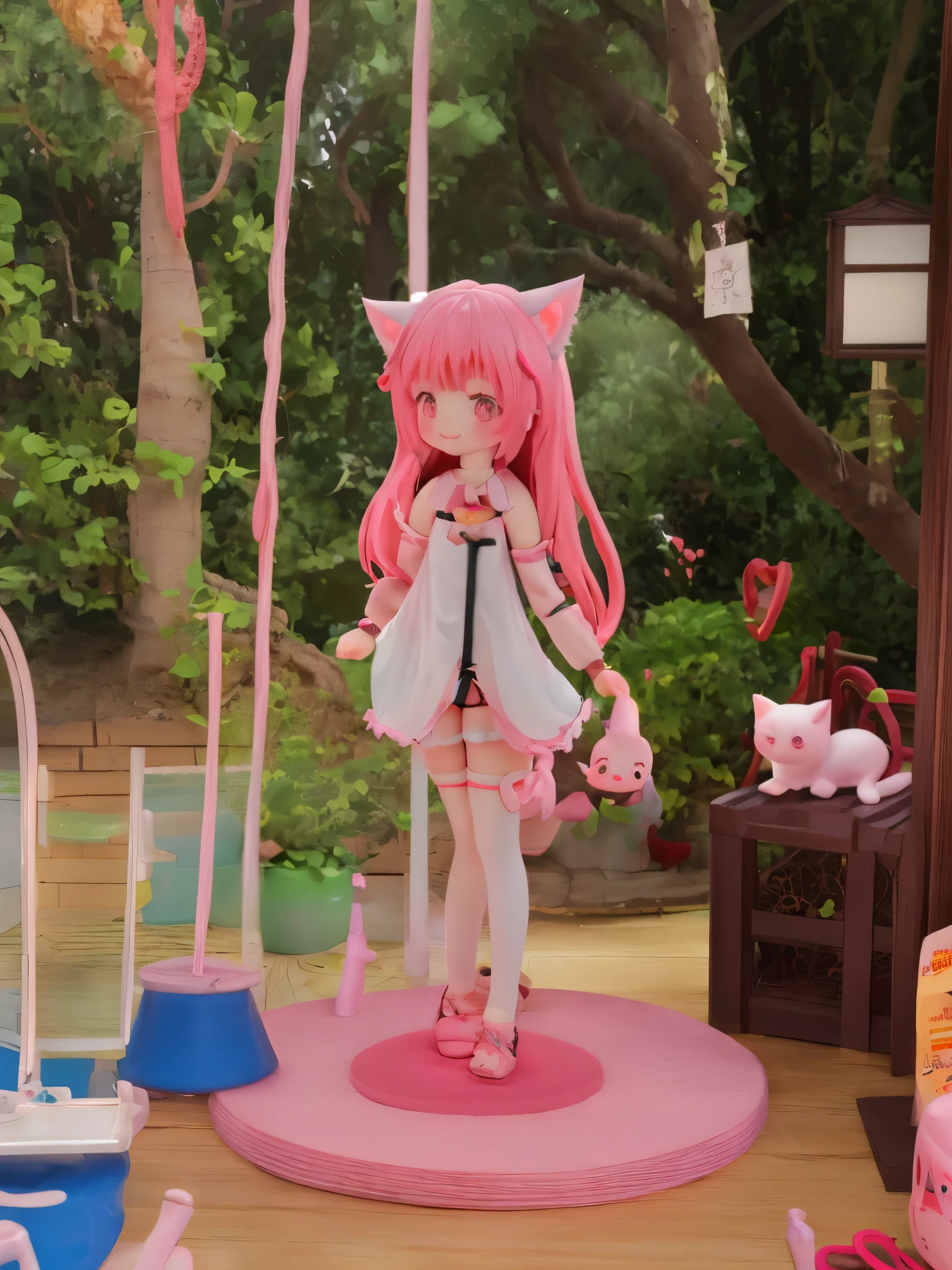 Cute Chibi、pretty girl、((half twin))、long hair、oversized clothes、shorts、pink hair、upward glance、wariza、grin、Cat ear