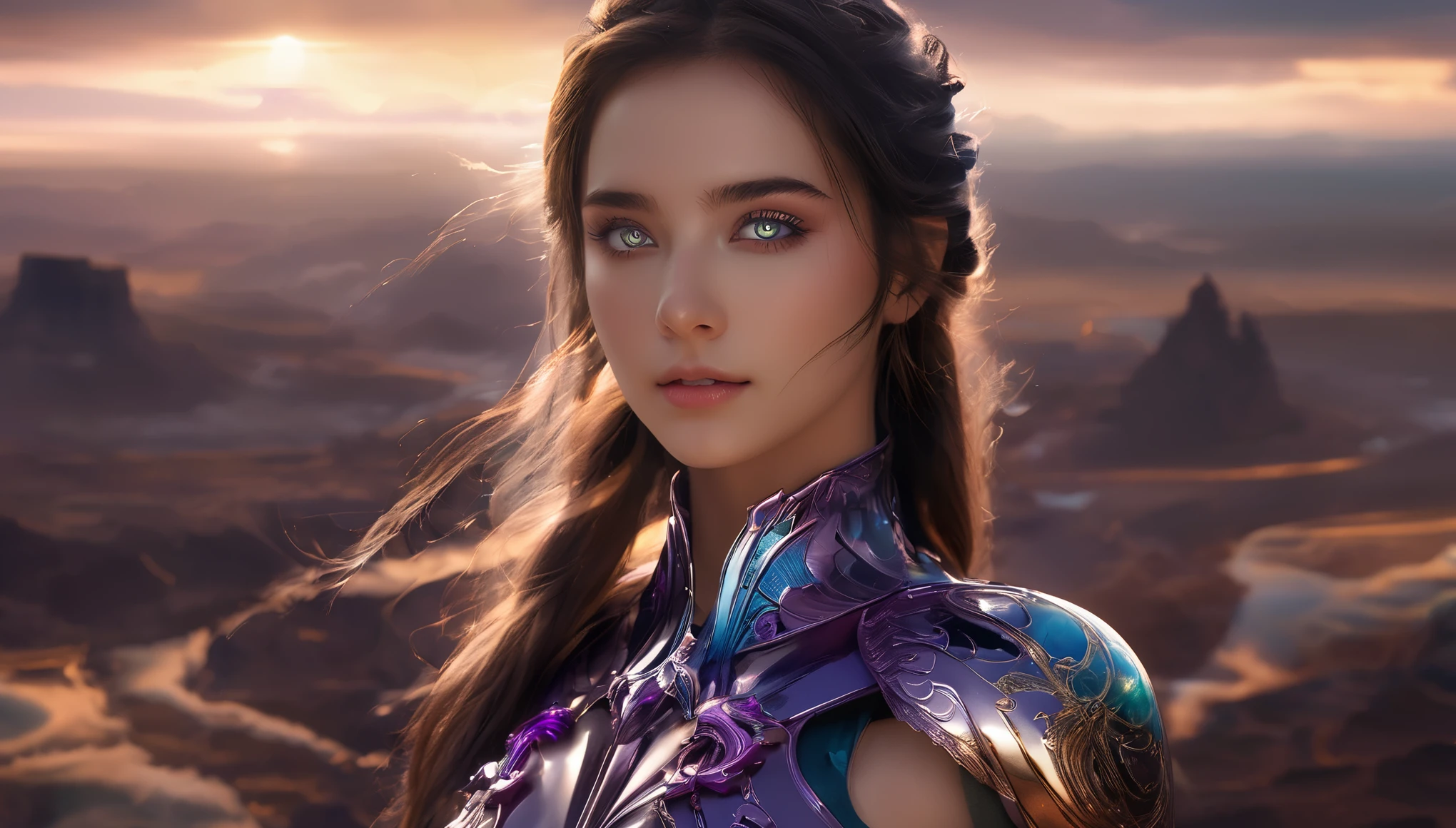 (1 beautiful teenage Italian girl),(wears iridescent bodysuit with beautiful fractal or marble design:1.5),(She wears gauntlets with a detailed and very beautiful design decorated with jewels:1.6), ((She is showing her armpits:1.6)), (erotic pose:1.6), (model pose:1.6), incredibly spectacular scene, ((high quality)), ((fantasy)), blue plasma brain, green plasma body, obscene, average, (despicable:1.2), (immoral:1.2), (Small breasts with beautifully raised pink areolas:1.5), (expression of ecstasy:1.2), hyper realistic photo, official art, Unity 8K Wallpaper, 8K portrait, high quality, very high resolution, (incredibly beautiful nature background:1.6), (18-year-old:1.5), (sexy and glamorous:1.1), (coquettish expression:1.6), (smile seductively:1.6), beautiful seductive face, portrait, (thick eyebrows:1.4), Beautiful eyes with high bilateral symmetry, (highly detailed eyes:1.4),(highly detailed face and eyes:1.7), (High resolution Amethyst eyes:1.6), (Super detailed skin texture:1.4), super detailed pale skin, perfect anatomy, thin, (Beautiful muscular toned body:1.6), highly detailed jet black hair, (moist skin:1.2), no makeup, (Bear:1.1), excellent anatomy, Focus plane, good looking, (Emilia clarke:0.1) (Emma watson:0.3),(Jennifer connelly:0.24), (A delicately crafted necklace is wrapped around her neck), (Bioluminescence with a brilliant glow:1.4), (Shining magic circle:1.5), ruins of an ancient castle, Shining majestic clouds and sky, lightning, spectacular realistic, (Greg latkowski:0.8), (teal and orange:0.4), (art station:1.5), cinematic, (NSFW:1.6), dramatic light, (intricate details:1.1),Milky Way, (nebula:1.6), dark Knight, Focus on fully armored body
