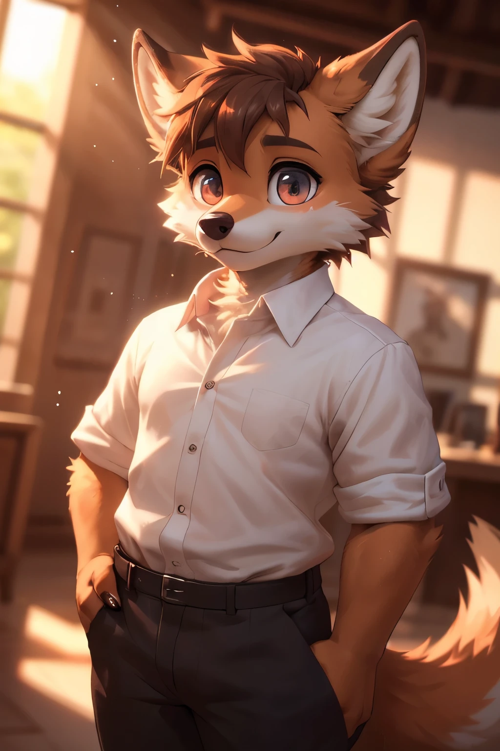 ((best quality)), ((masterpiece)), (detailed), perfect face,official art,hairy,male,,Anthropomorphic red fox,brown face,exquisite eyes,White shirt, depth of field, perfect lighting, light particles,(best quality),(masterpiece),(super detailed),sharp focus,light particles, Show most of your body，black pants，Very cute and handsome