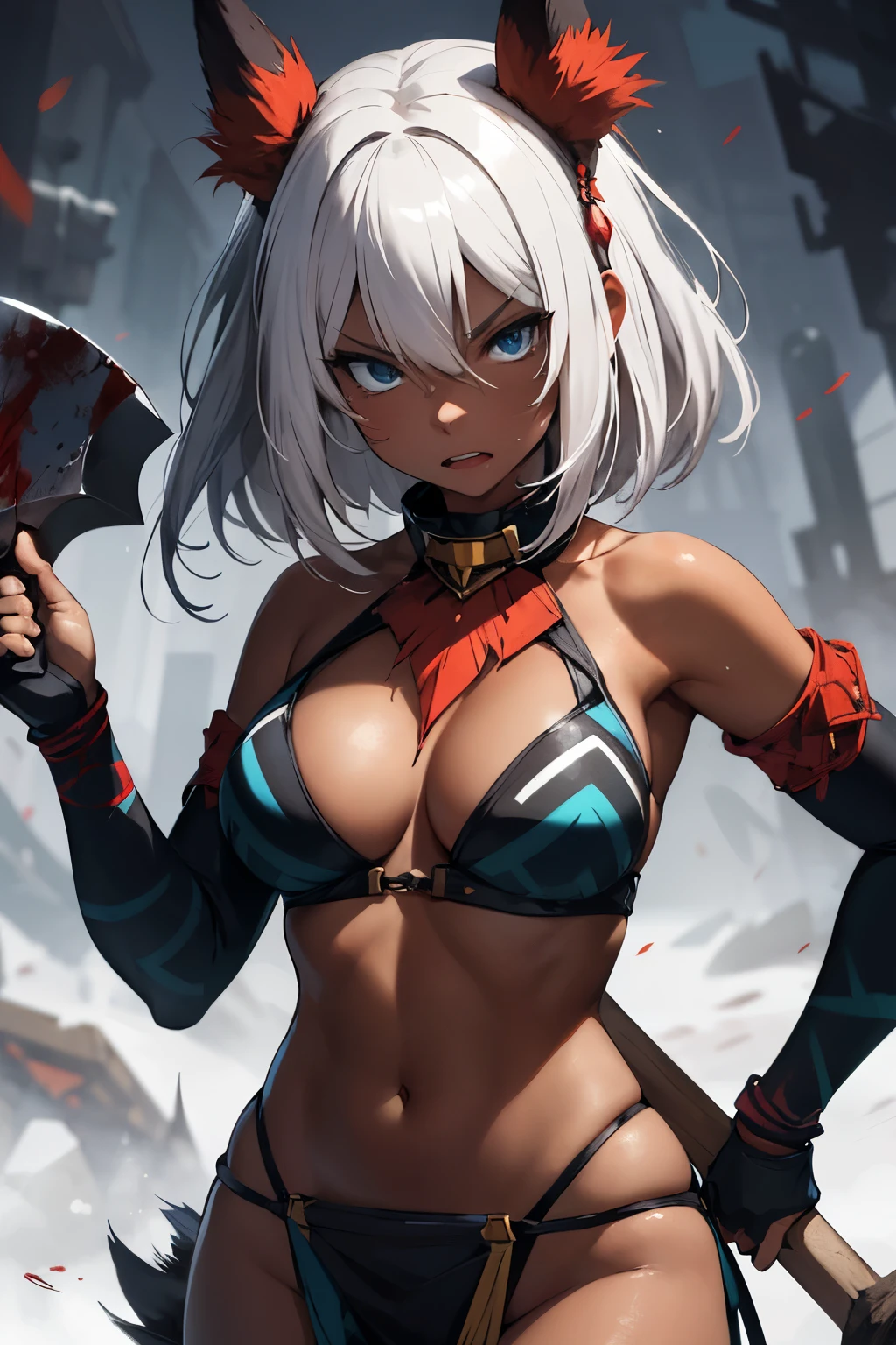 Anime woman with very dark skin, white hair, blue eyes, tribal, wearing animal skin clothes, holding a pair of axes, chasing and killing, an extremely angry expression, bloodthirsty, crazy.