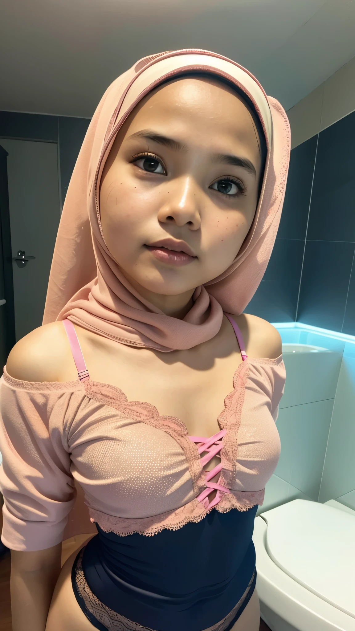 Tiny (Wearing Lingerie), (((HIJAB MALAY GIRL))), masutepiece, High quality, UHD 32K, Realistic face, Realistic skin feeling , A Malay Lady, 8 years old, , Very cute and baby-like face, (((FLAT CHEST))), (MATRIX WORLD), ((look In front  at the camera and SADNESS)), ((())), (((CUTE GIRL))),  ((Fluorescence)), ((CHUBBY)), (undress), at toilet