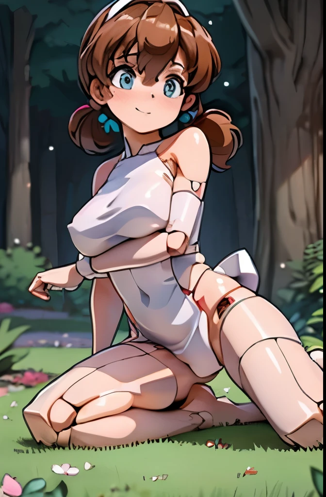 A Female robot is sleeping in forest, spread legs, nude, banzai pose. she wears no dress. She Brown short hair is tied with two big red clothespins, She lifts up the under hem of her white plain dress, leaning over, masterpiece, very short pigtails,brown hair, mature, android, blue eyes, full body figure, Height: 160cm, flushed cheeks, 2020s anime picture, A beautiful robot with short brown hair in two short pigtails held up by two very large huge red clothespins, Uplifting, No NSFW, whole body, barefoot, archaic smile, getting orgasm, 25 years old, sweat bucket, in Obstetrics.