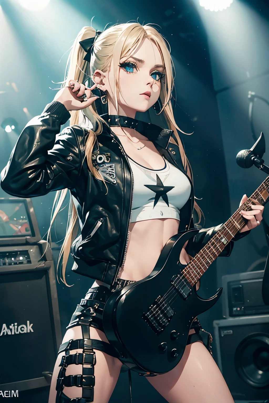 realistic:1.2, Rocker girl wearing a leather jacket,slim body shape、Normal bust size、 highly realistic photograph,  full body shot, １two electric guitars, clothes with spikes,white tank top、Navel exposed、low rise leather shorts,tattoo,earrings dark lipstick, blue eyes,blonde twintail hair,black ribbon, beautiful and perfect legs, confident look, punk style ,dynamic pose, dynamic lighting, Bright colors, ant alexa 65, 50MM lens