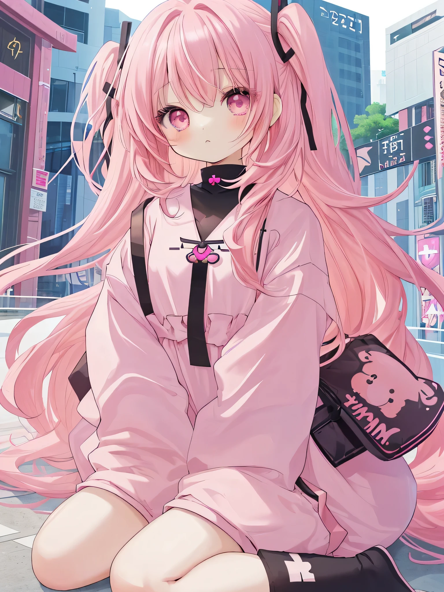 Cute Chibi、pretty girl、((half twin))、long hair、oversized clothes、shorts、pink hair、upper grade、Wariza