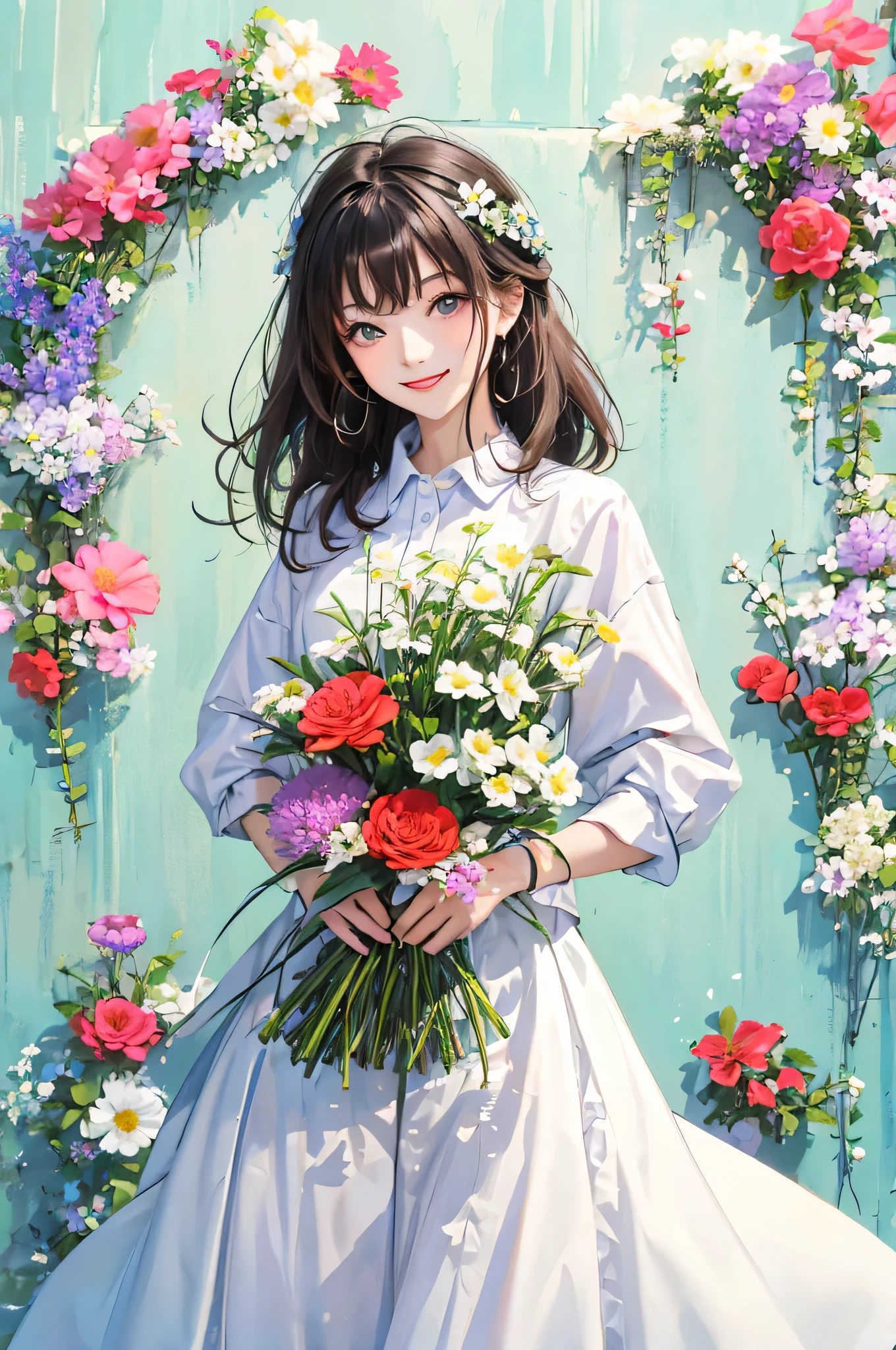 Cute and quiet,Flowers in hand（1.1），Flowers in multiple colors（1.2），Smiling，Background with a sense of nature