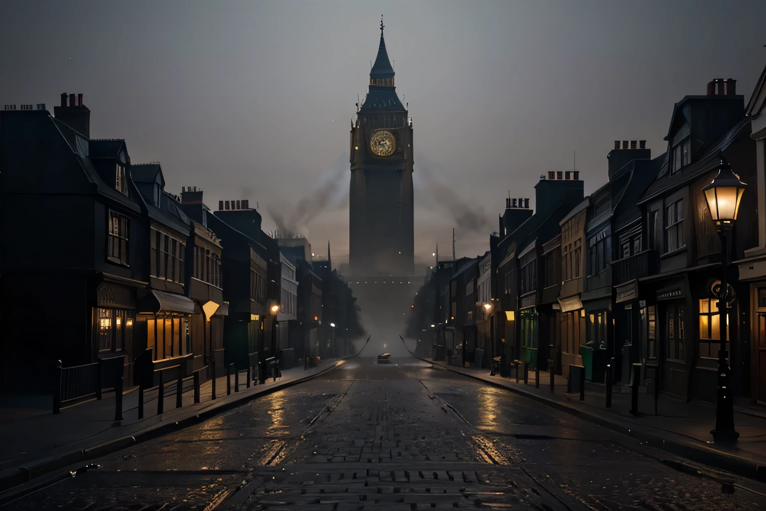 Rua vitoriana de Londres (1847) at night with fog, deserto sem pessoas, view of the english parliament, sem rua centralizada, hiperrealismo,