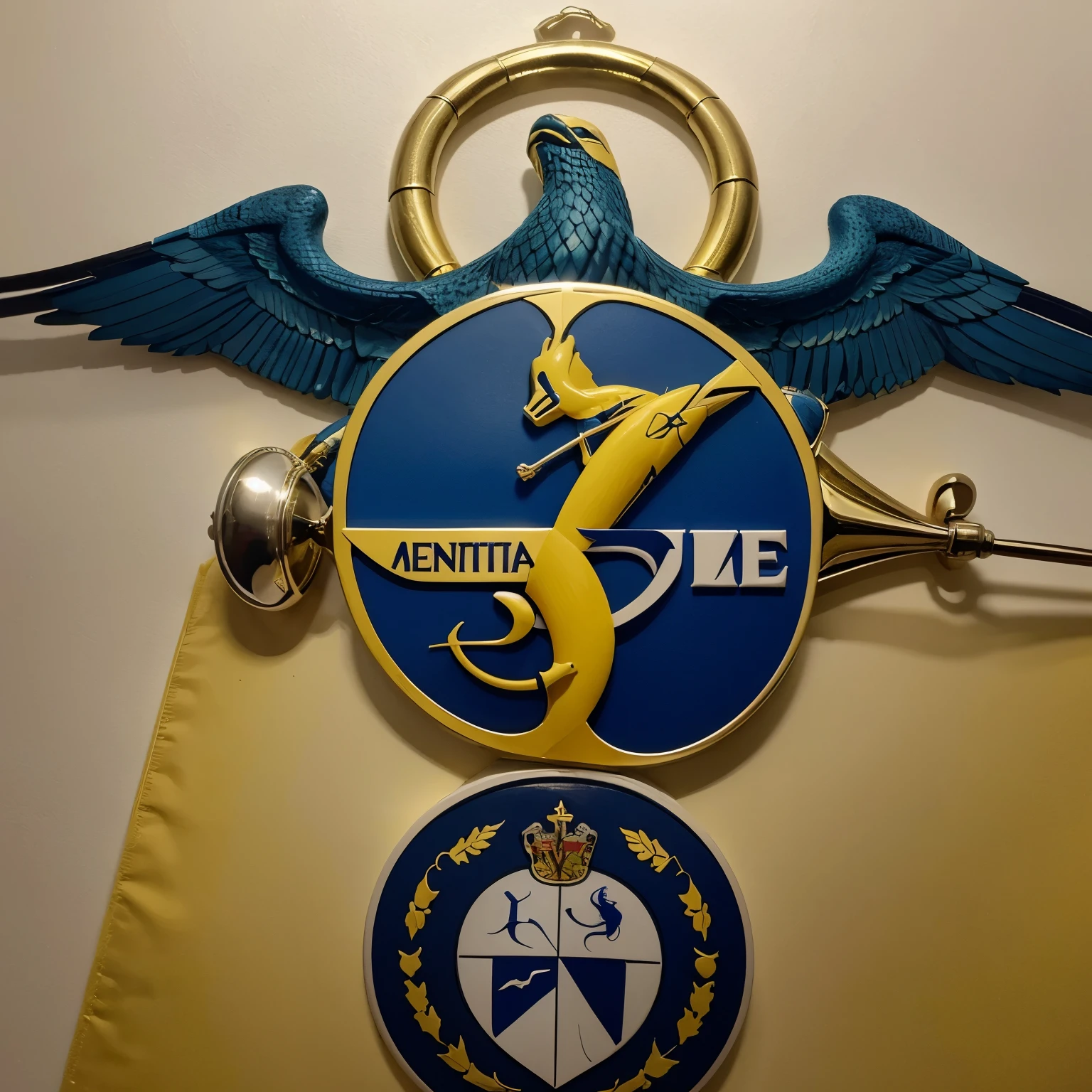 In the center of the coat of arms, a stethoscope stylized in yellow, representando a medicina e o aspecto auditivo do podcast. Around the stethoscope, um livro aberto em azul, symbolizing medical knowledge and education. Below the stethoscope, a serpent entwined in yellow and white, traditional symbol of medicine, representando cura e sabedoria.
The background of the coat of arms is divided into three horizontal sections: a superior em azul, a central em amarelo e a inferior em branco, representing the characteristic colors of the podcast. Above the stethoscope, um sol estilizado em amarelo, simbolizando o conhecimento iluminando as mentes dos ouvintes.