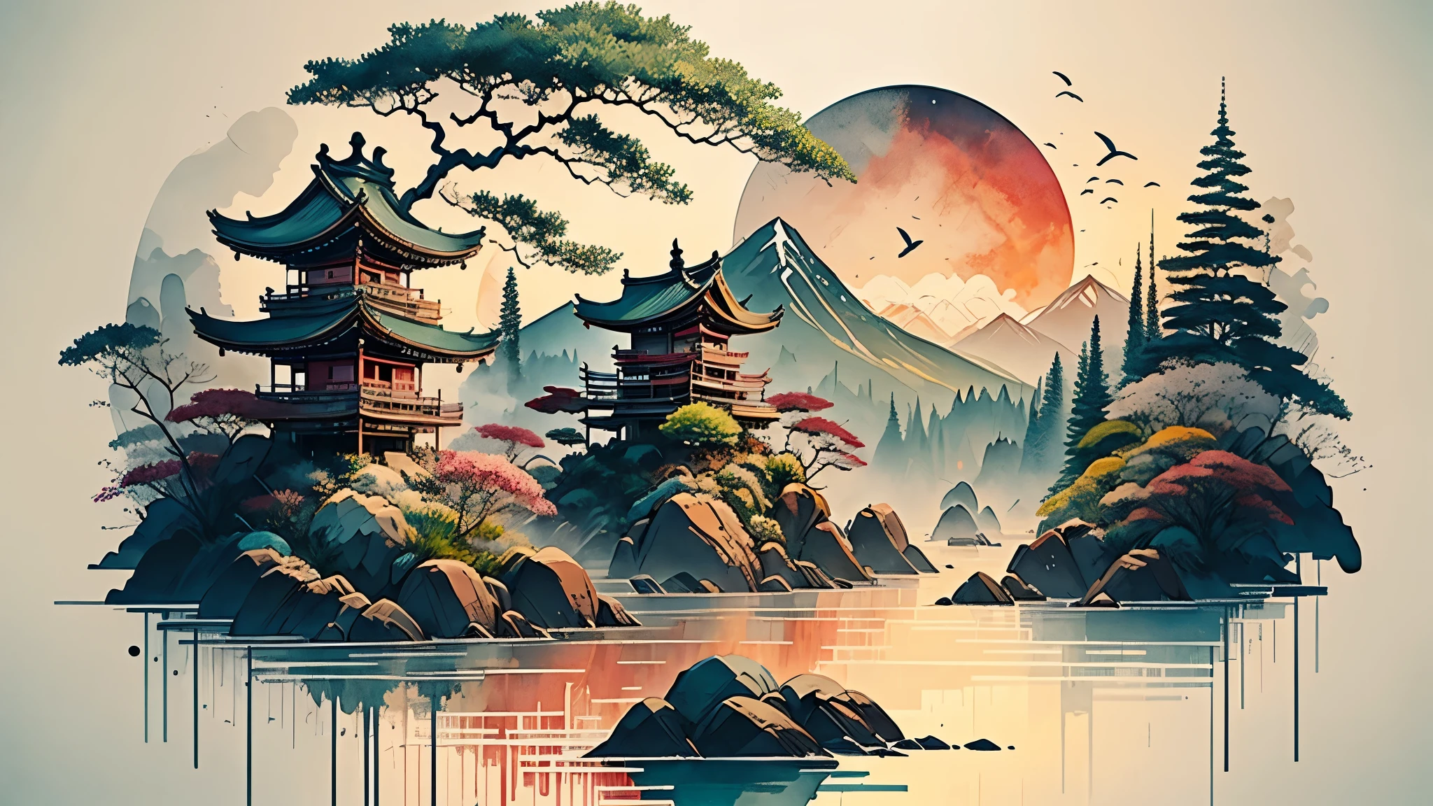 there is a painting of a boat in the water with a red sun in the background, pintura digital de um pagode, chinese watercolor style, inspirado em Soami, Estilo de arte japonesa, papel de parede ilustrativo 4k hd, a beautiful art illustration, dojo em uma montanha, Estilo de pintura chinesa, paisagem chinesa, cyberpunk chinese ancient castle, japanese inspiration poster, fundo do templo zen