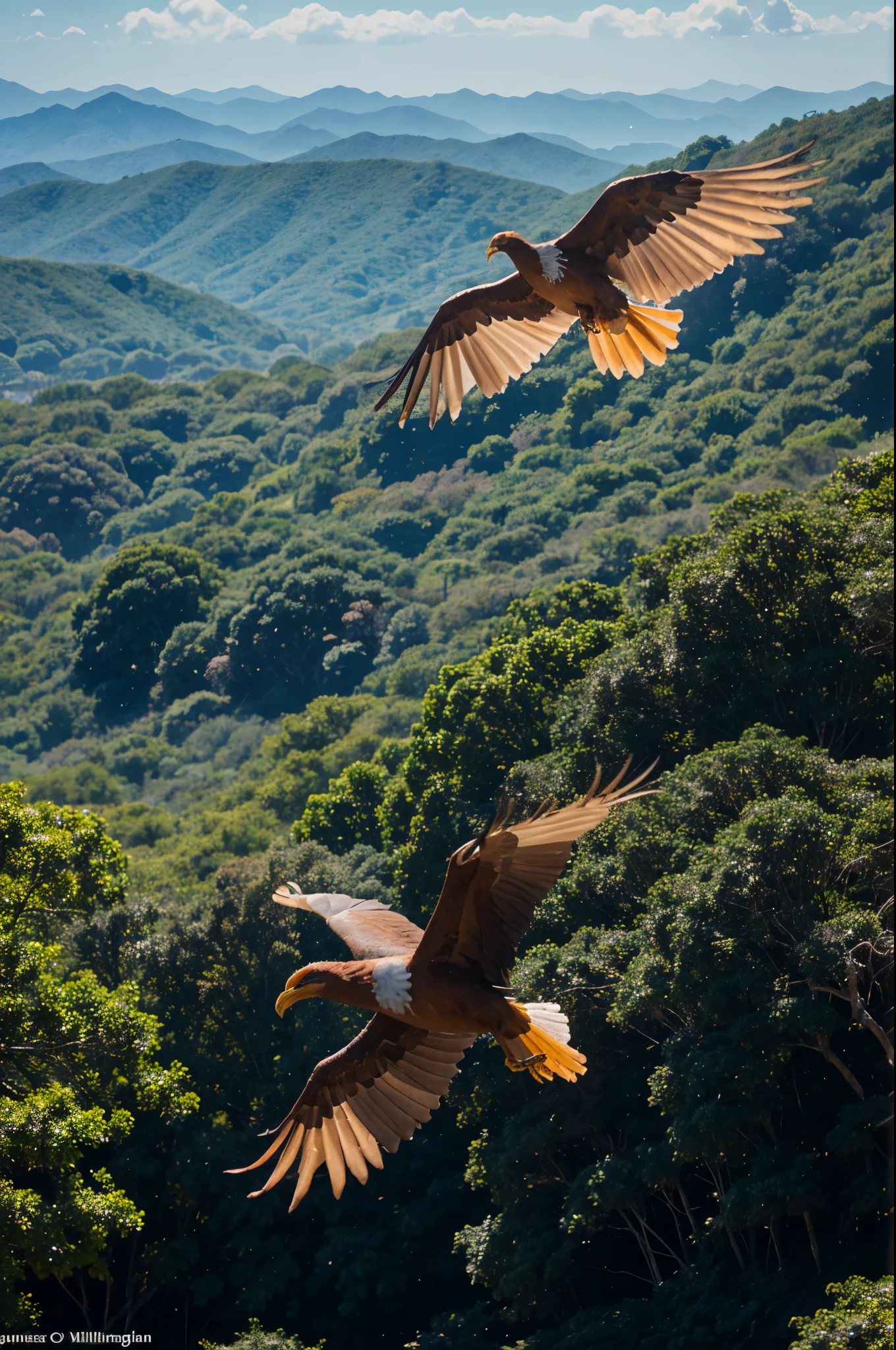 aerial view, Canon EOS R5 con lente Canon RF 24-70 mm F2.8L ES USM, the Flight oF the phoenix over the prehistoric jungle, the Flying phoenix is described in detail, the clear texture oF the phoenix's Fiery plumage is shown, Grandes dinosaurios son visibles debajo en la jungla., warm, soleado, beautiFul, alto detalle, 32k, Fotorrealista, 70 millimeters, 1/8000 sec., F/4.5 e ISO 100, Film grain, CRUDO