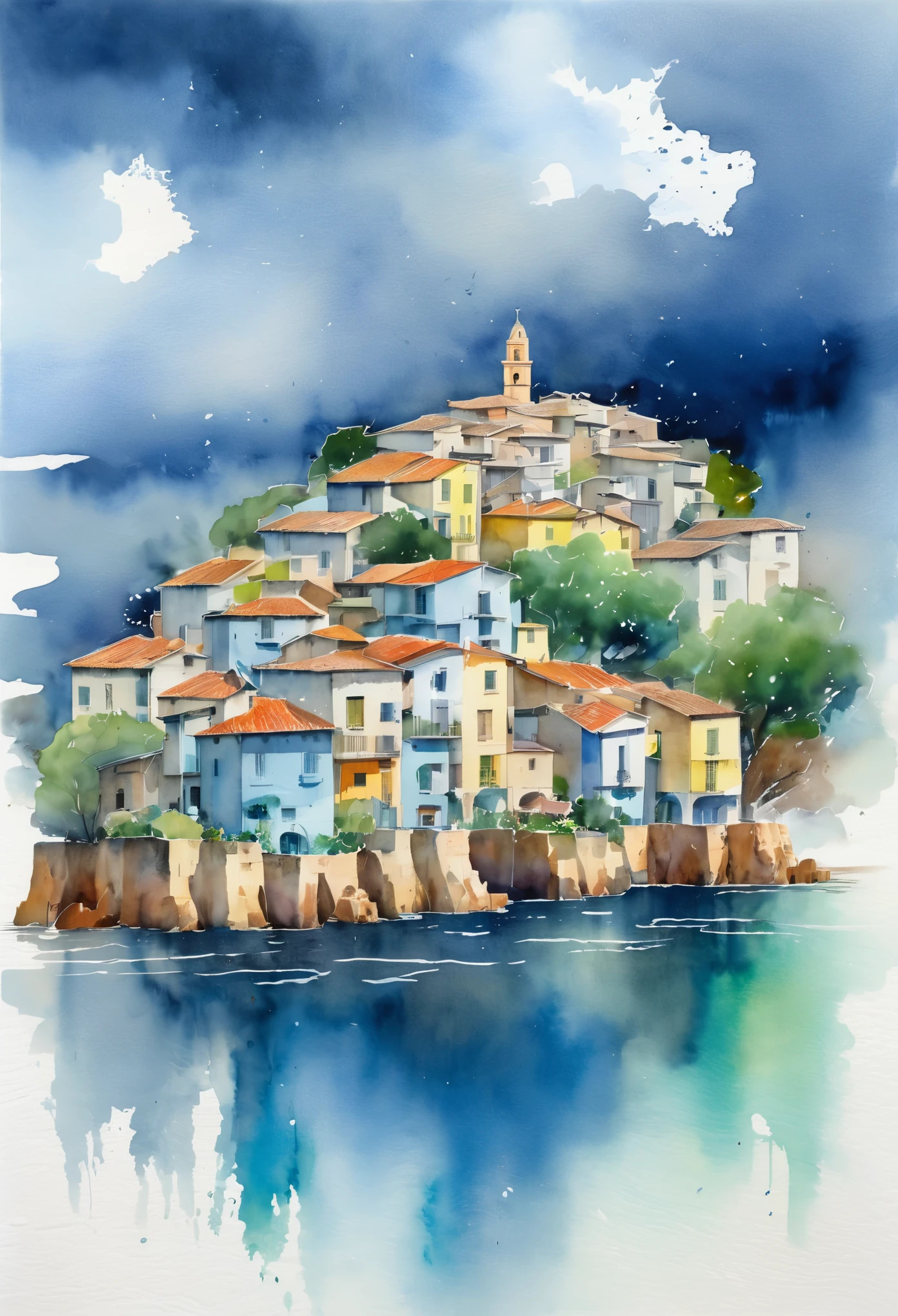 A captivating abstract watercolor painting that tells a poignant story of a small Italian sea village in Mallorca, after a stormy rain. The village, with its colorful houses, is enveloped in a thick layer of fog, creating an ethereal atmosphere. The sea, with its deep blue hue, is calm and serene, contrasting with the stormy sky. The village begins to regenerate after the floods, with new life emerging from the chaos.