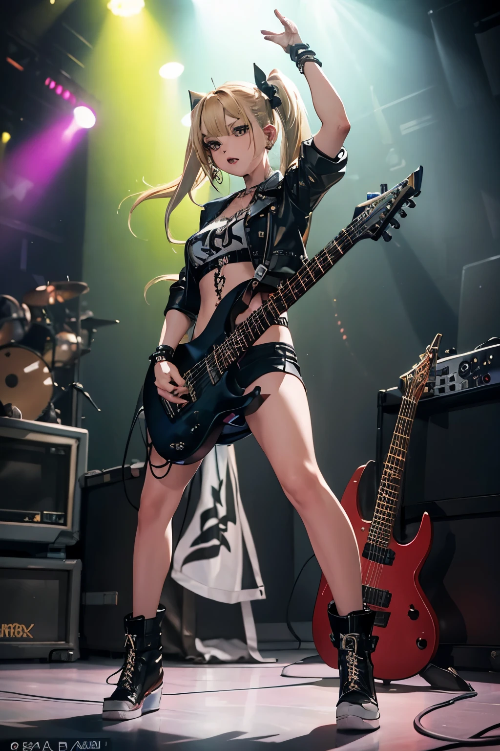 realistic:1.2, Rocker girl wearing a leather jacket,slim body shape、Normal bust size、 highly realistic photograph, full body shot, 1two electric guitars, clothes with spikes,white tank top、Navel exposed、low rise leather shorts,tattoo,earrings dark lipstick, blue eyes,blonde twintail hair,black ribbon, beautiful and perfect legs, confident look, punk style ,dynamic pose, dynamic lighting, brightly colored stage,colorful stage lights, ant alexa 65, 50MM lens