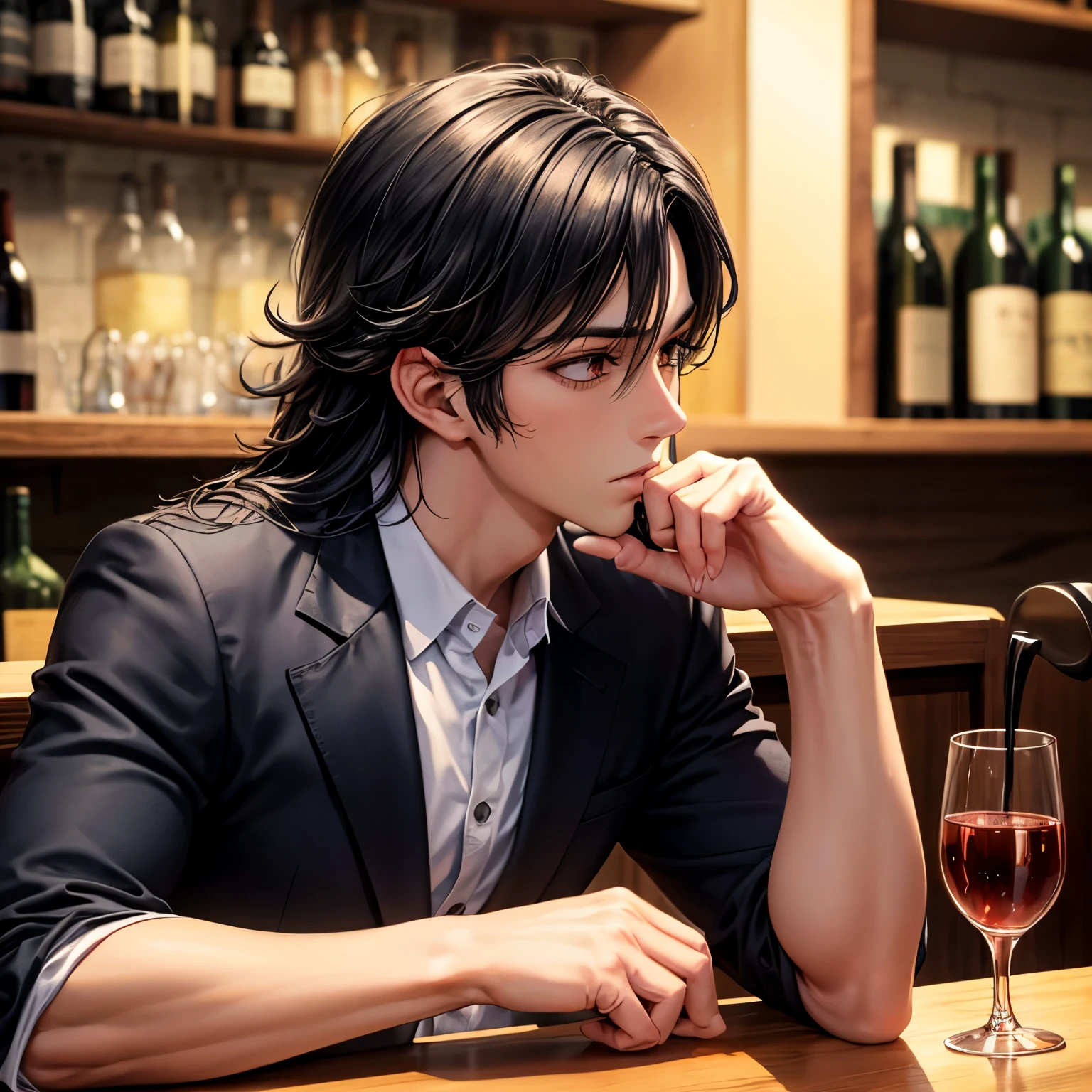 (master piece), (best quality), (super detailed), (Close-up:1.3), (face focus:1.4), profile, facing left, ((black hair, Handsome guy:1.3)), 30 years old, solo,((black hairのオールバック:1.4)), (Cool long slit eyes:1.3), holding a wine glass in one hand, perfect hands, wearing a black suit, (bar counter background:1.3), masterpiece, 32k