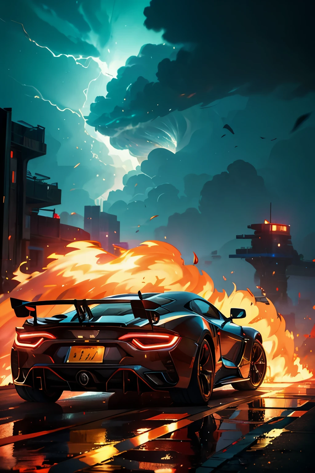 Integrate a supercar back into the scene with the character, whose hair embodies the strong ocean waves and the force of a tornado. The man, with hair as wild and untamed as the sea during a storm, sits confidently behind the wheel of the blazing supercar. The sleek, futuristic body of the car is engulfed in fiery flames, adding an intense element of fire to the composition. The neon-lit city at night serves as the backdrop, its vibrant colors reflecting off the car's surface and enhancing the dynamic energy of the scene.
The reflections on the car's surface not only show the blazing fire but also capture the ne