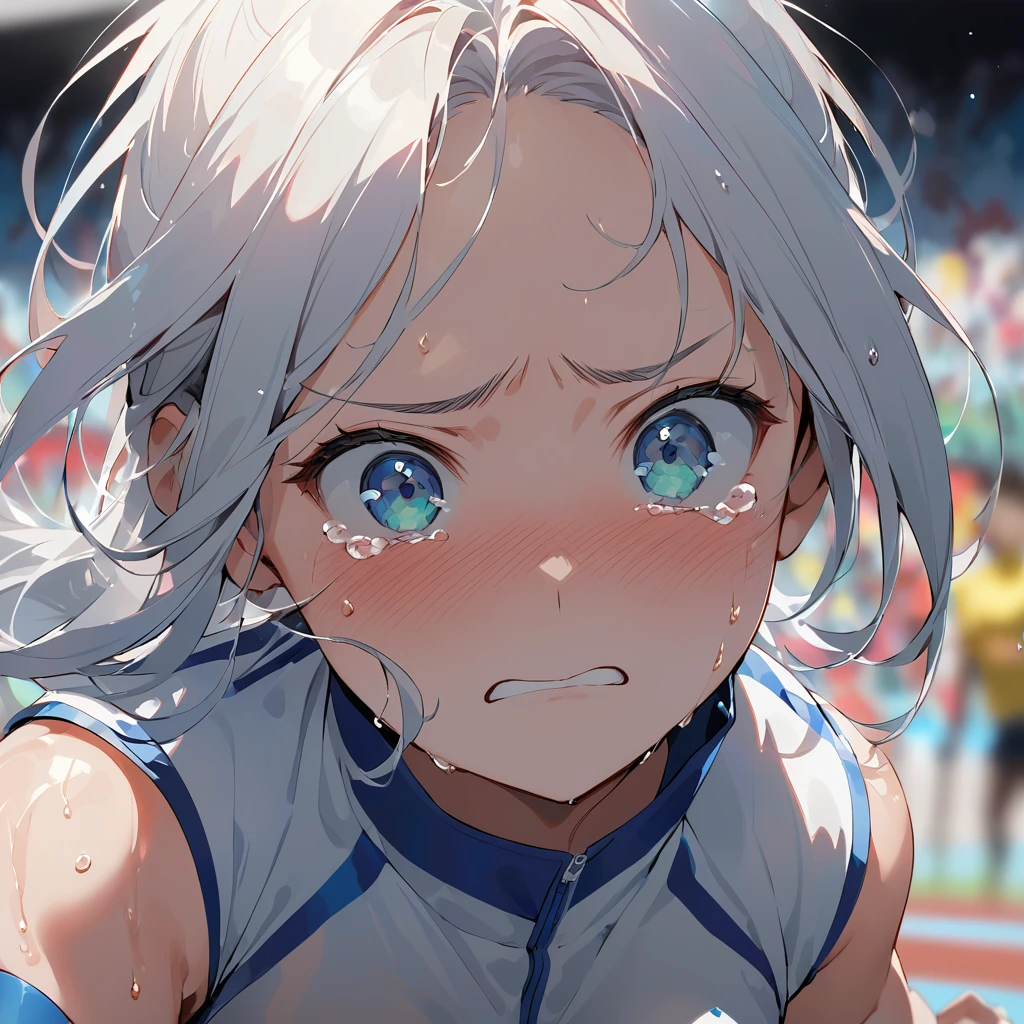 A powerful illustration of a female track and field athlete, capturing the raw emotion of disappointment and defeat. Her face is the focal point, with tears streaming down her cheeks, eyes filled with sadness. Sweat glistens on her forehead, and her strained expression conveys the intensity of the moment. Vibrant colors are used to emphasize the contrast between her flushed cheeks and the stark white of her running attire. The background is blurred, highlighting her isolation in this moment of defeat and conveying the loneliness of high-stakes competition.