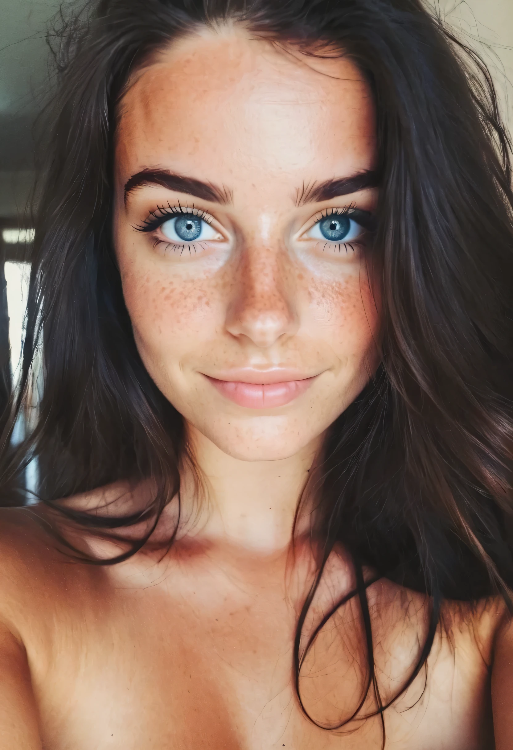 instagram selfie , a 23 year old gorgeous woman , slight smile , detailed skin face and eyes , natural lighting , at home , long hair, topless , film grain, low contrast, natural face , freckles , black hair , blue eyes, dark circles under eyes, naked, showing breast, kneeling pose from above, opened mouth with tongue out