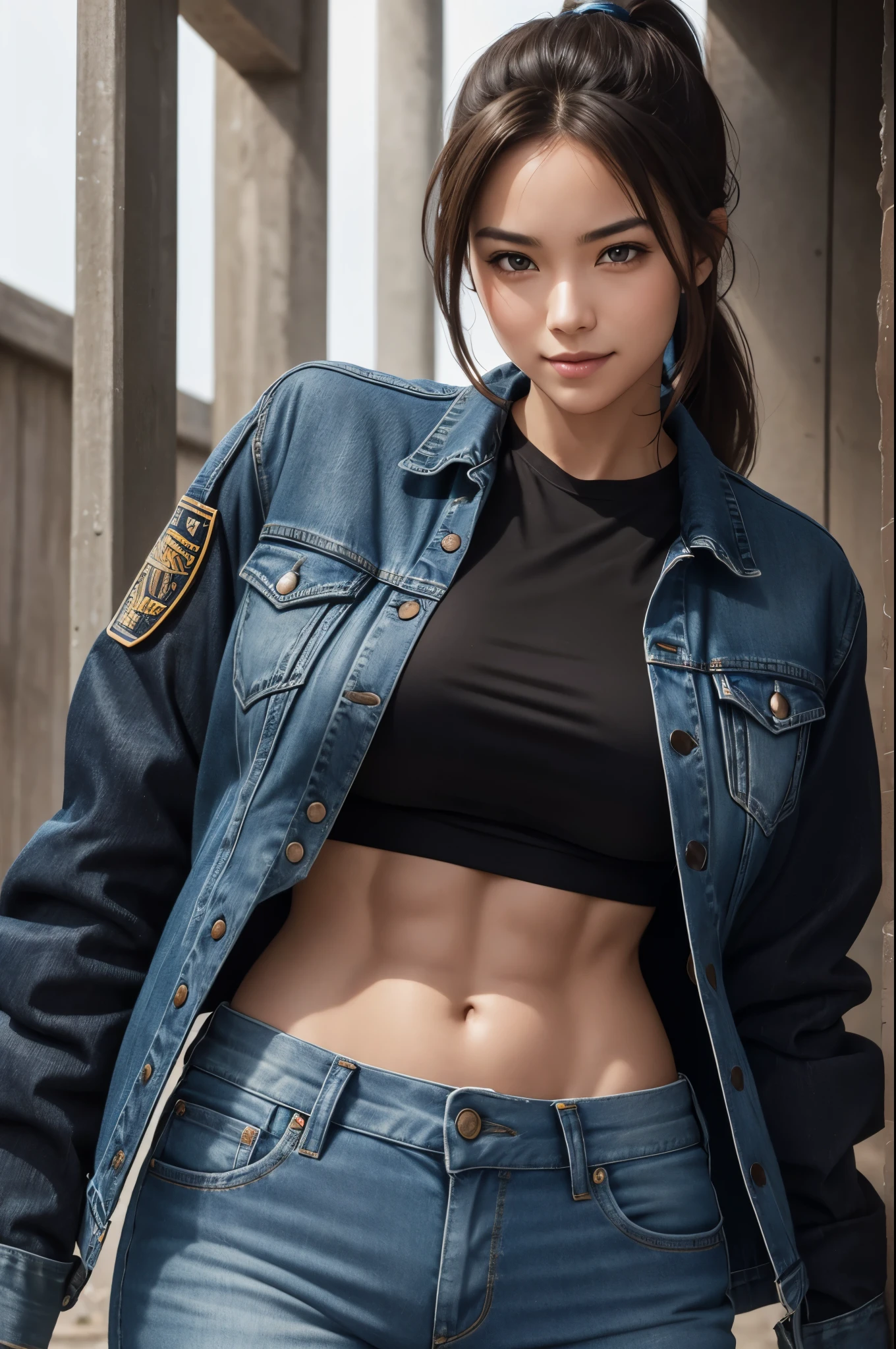 Hyper detailed image, UHD, 16k, professional photo, (Realistic photo of Android-18 from Dragon Ball Z) girl Goddess of beauty, very straight short blonde hair, serious face expression, (she wears a blue denim jacket and a cropped shirt , short white underground showing flesh of the breast), erotic, open denim jacket showing her large, beautiful and perfect breasts, long pointed breasts sticking out of the jacket, (she wears a belt and a blue denim skirt lifted showing micro panties stuck in her pussy), hair bubians showing, brown boots, perfect hands and fingers,
android 18, sexy saiyan girl, Official Art, Android-18 Sexy female, official character art, sexy female protagonist, lean and fit curved body :8, Akiri Toriyama, Director: Akira Toriyama, Bulma from Dragon Ball, Best Character Design Anime, Akira Toriyama style, beautiful single character, half naked