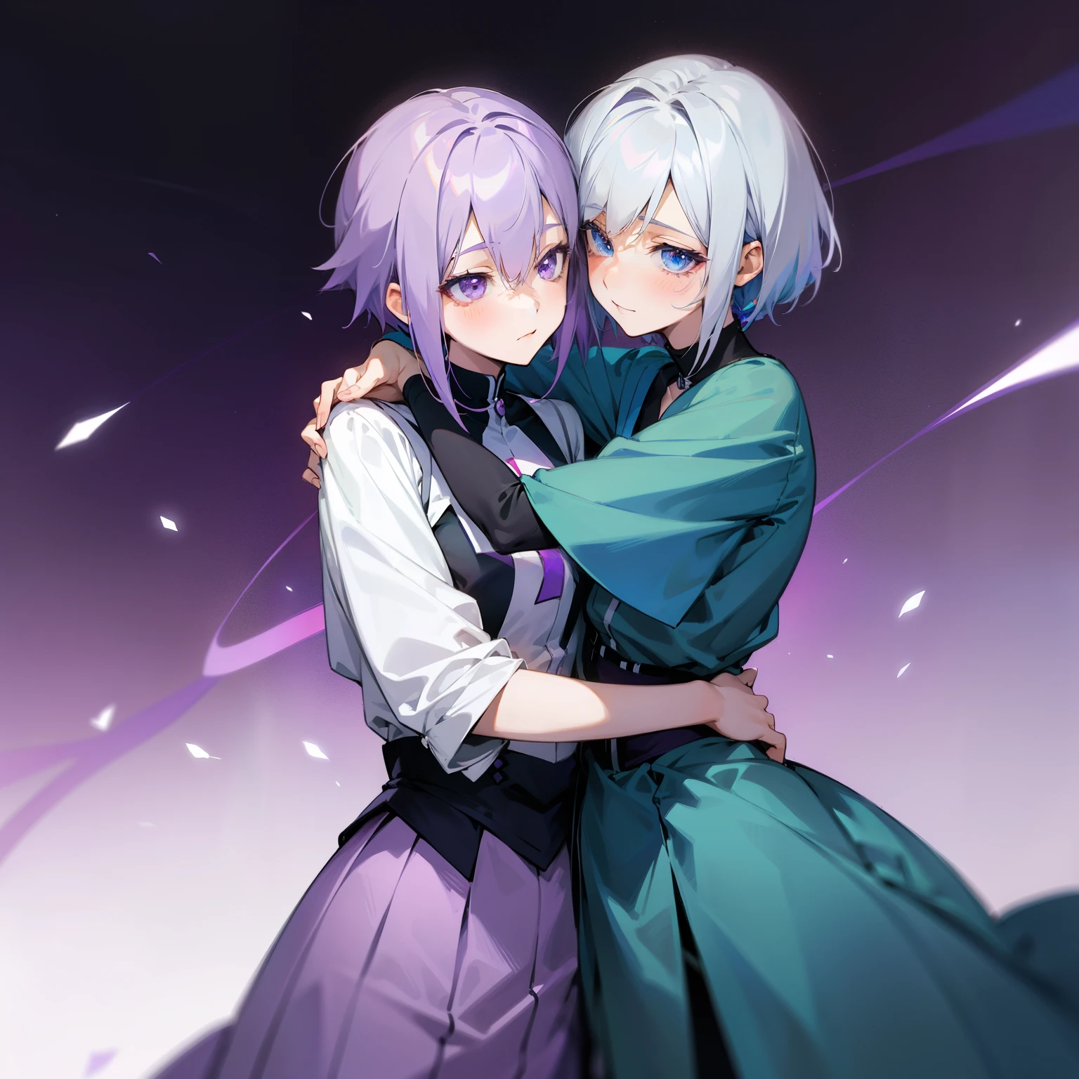 2 anime girls, couple, lesbian anime couple, hugging, tall silver-white ash grey hair anime girl with blue eyes, short purple hair anime girl with purple eyes, hugging, in love, 4k anime detailed, high quality couple, only use purple and white pallette, ultra max quality, cute, lesbians